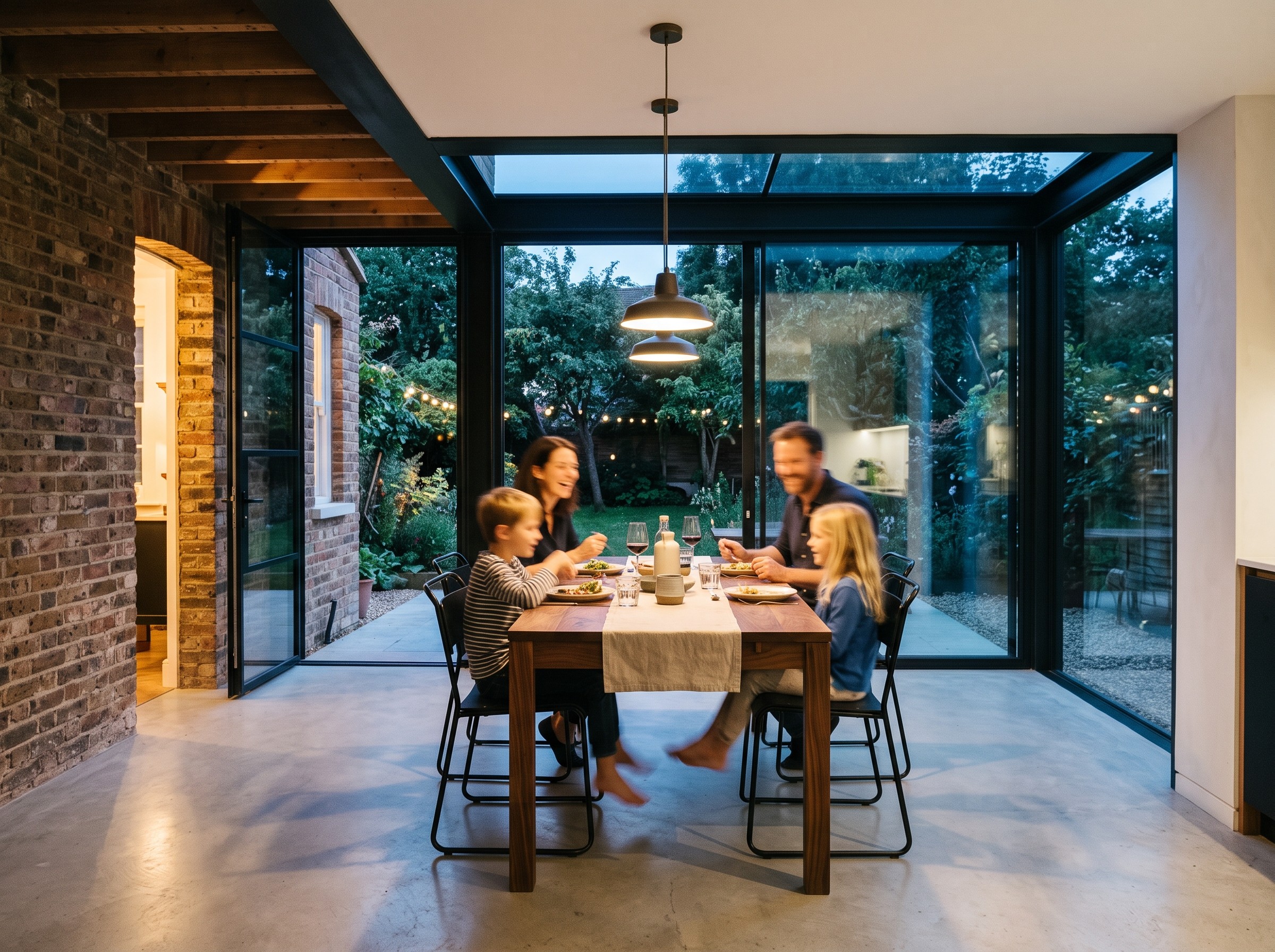 Dining scene at the walnut table within the extension, a family softly blurred, evening light.