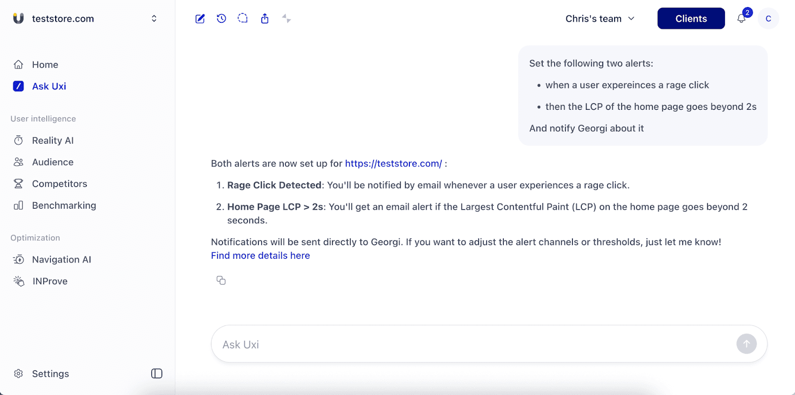 Uxi setting up an alert