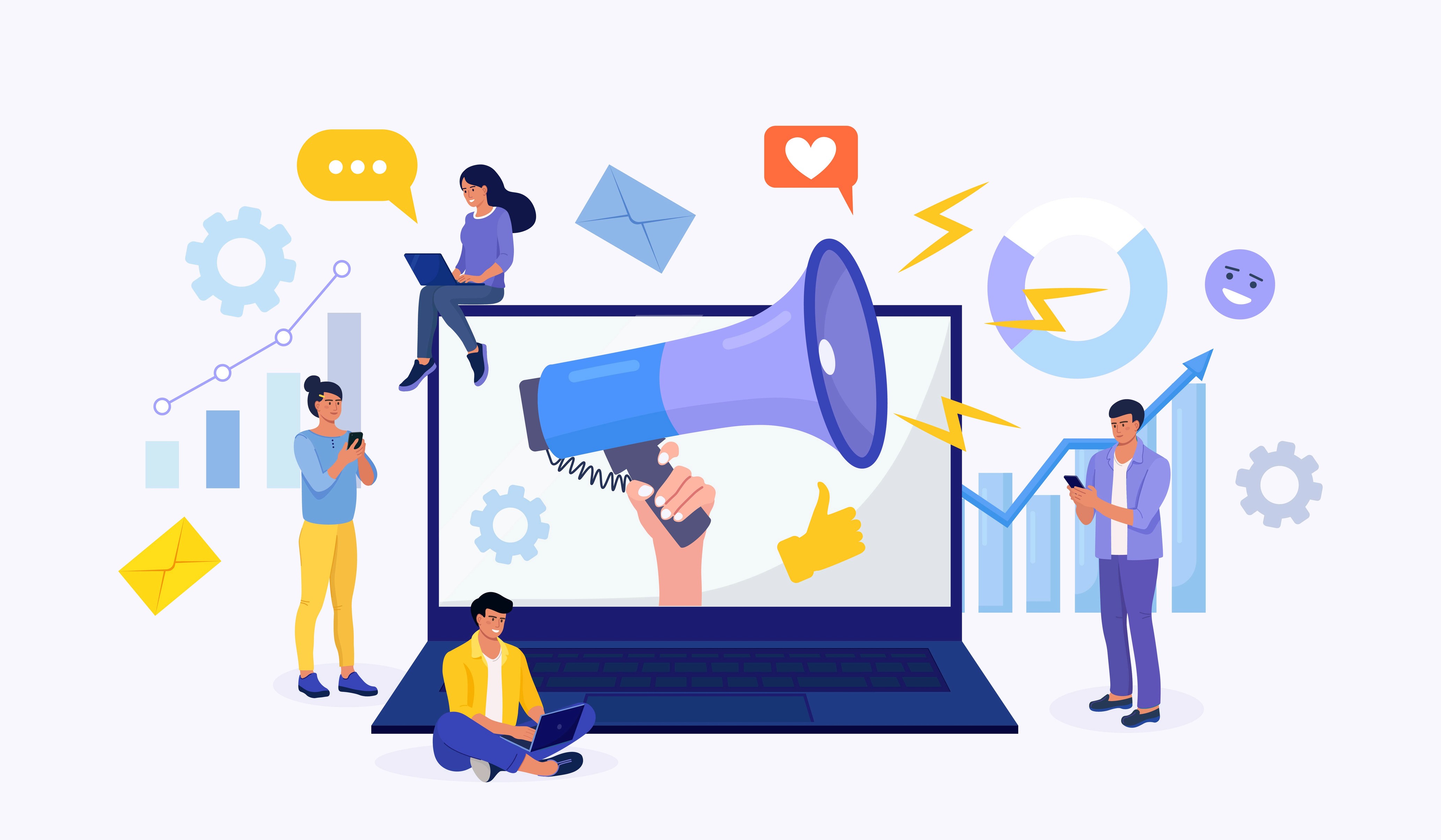 Illustration of a digital marketing campaign with megaphone, analytics charts, and social engagement icons