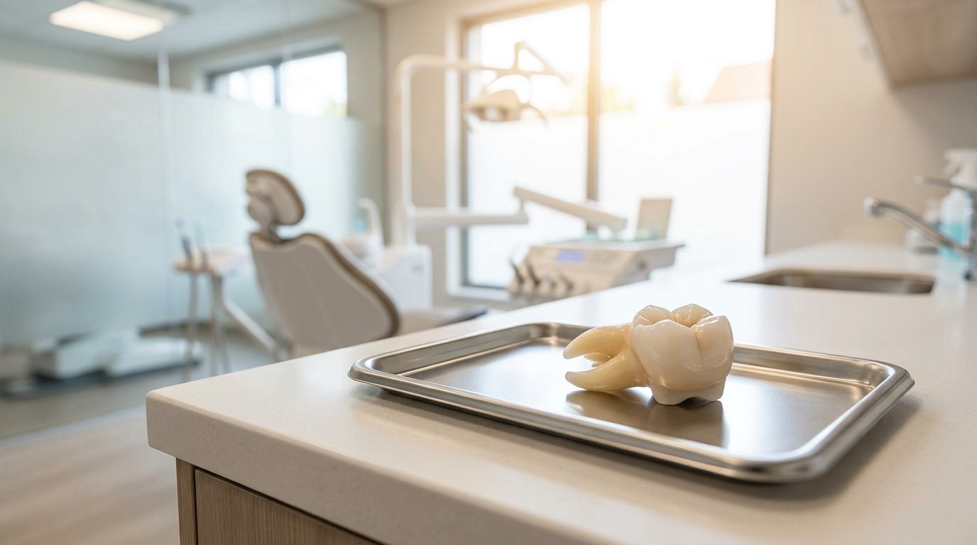 A dental crown and tooth model on a tray in a bright modern dental clinic, illustrating restorative options for a cracked molar.