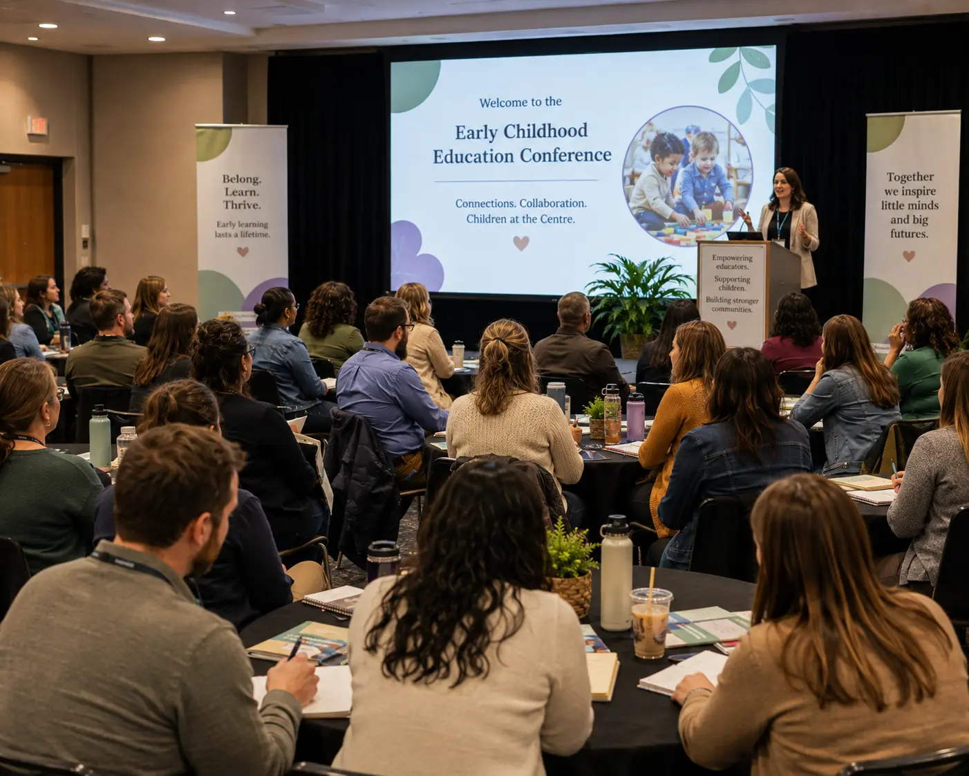 a room for of men and women look at a presentation screen in a conference room that says "early childhood education conference"