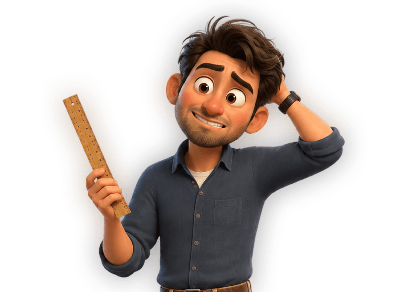 Illustration of a confused young man scratching his head while holding a ruler, showing uncertainty or difficulty measuring, planning, or figuring something out.