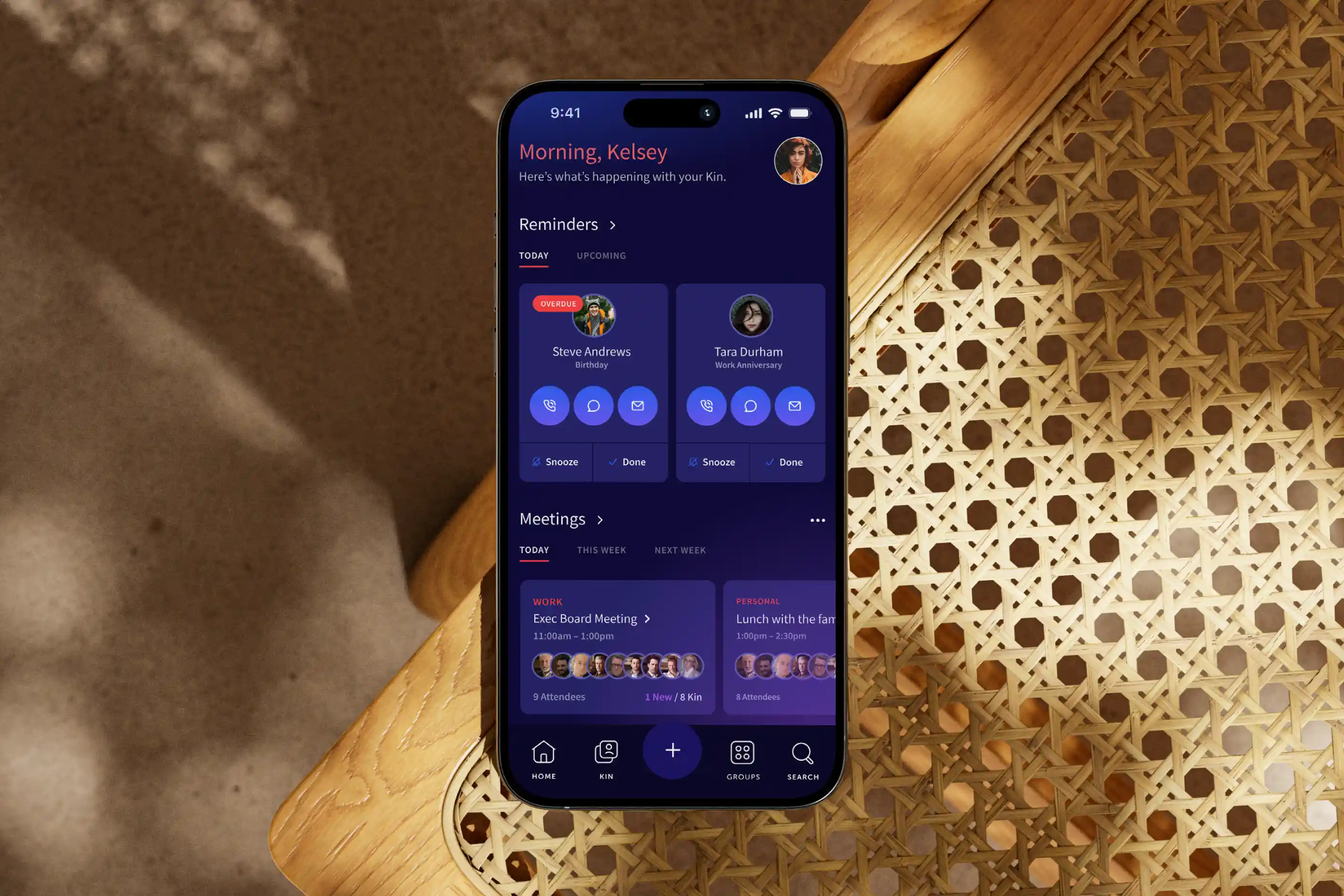 Image of native Kinship app runing on iPhone