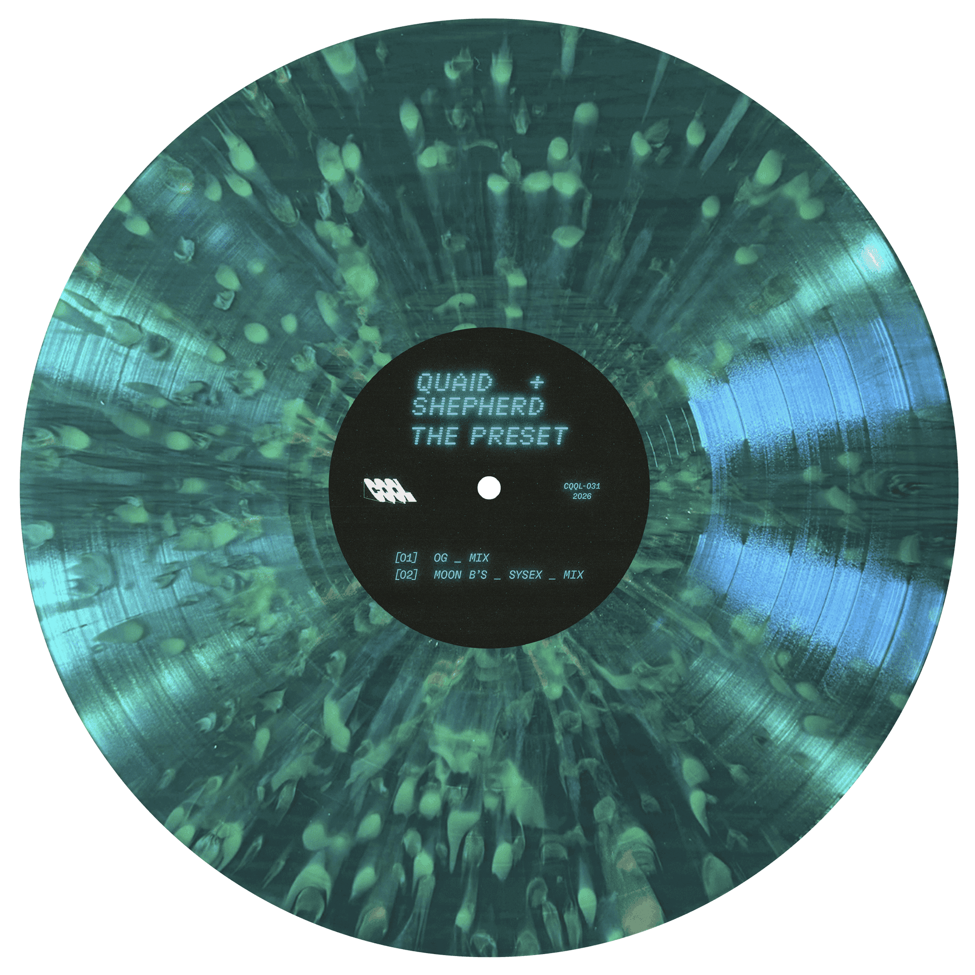 Vinyl record with a green and blue gradient and visible label on a white background
