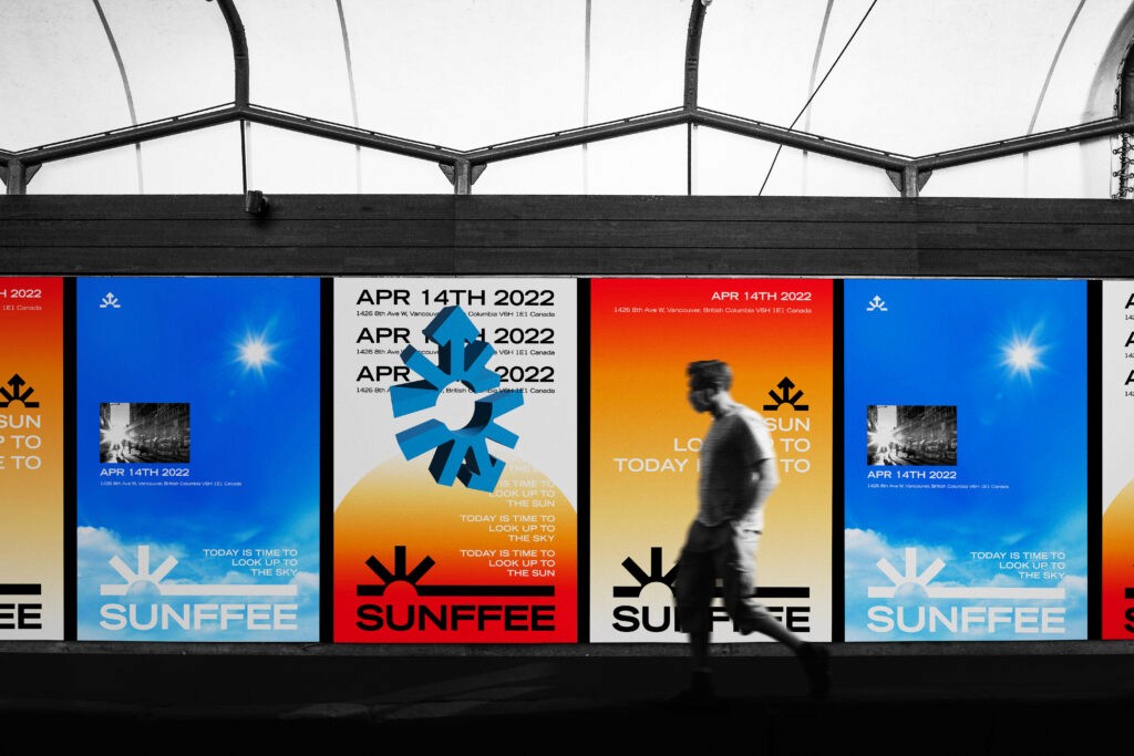 colorful posters with man walking by