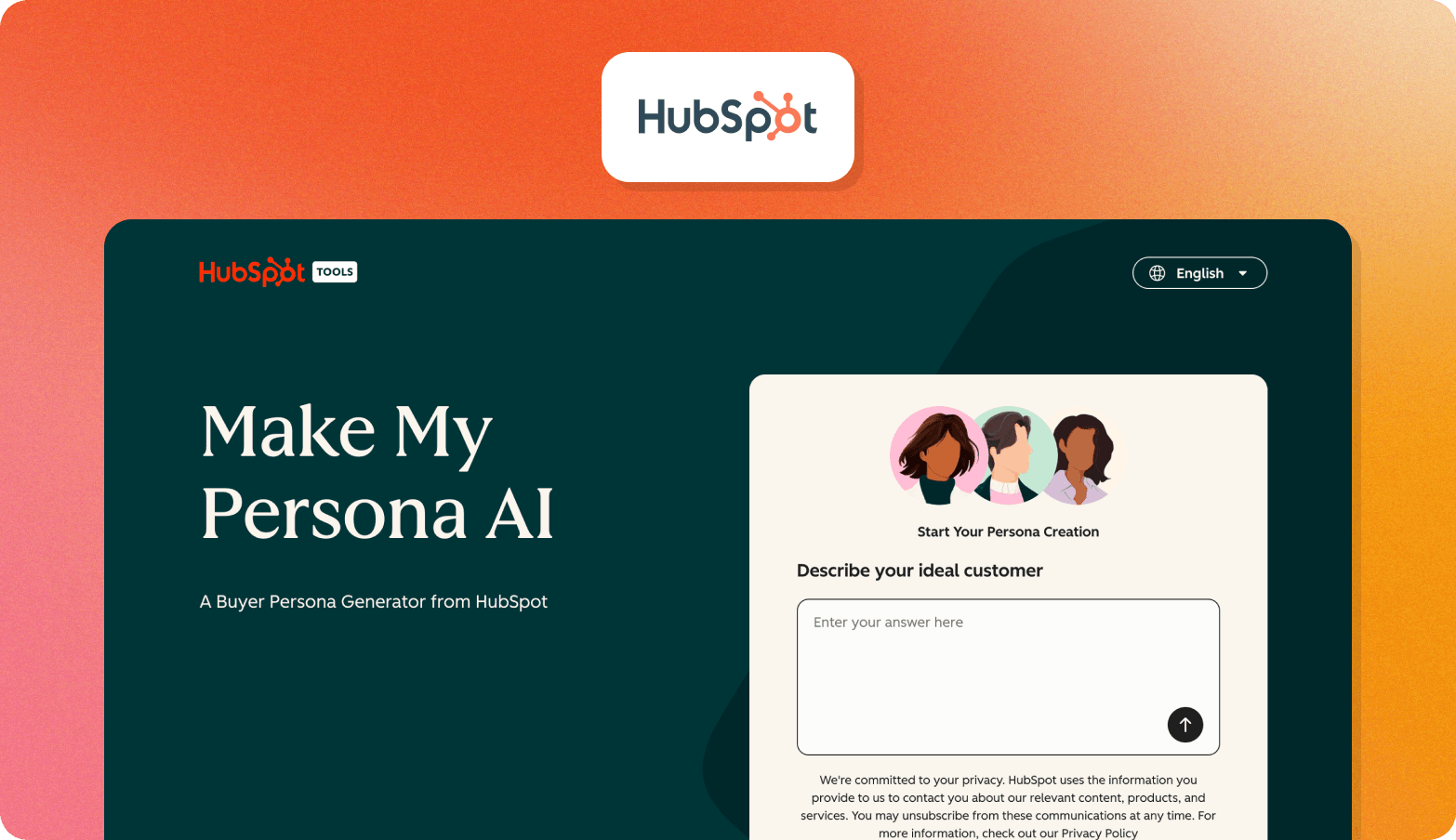 HubSpot's Make My Persona AI tool page, described as a buyer persona generator with a prompt field asking users to describe their ideal customer
