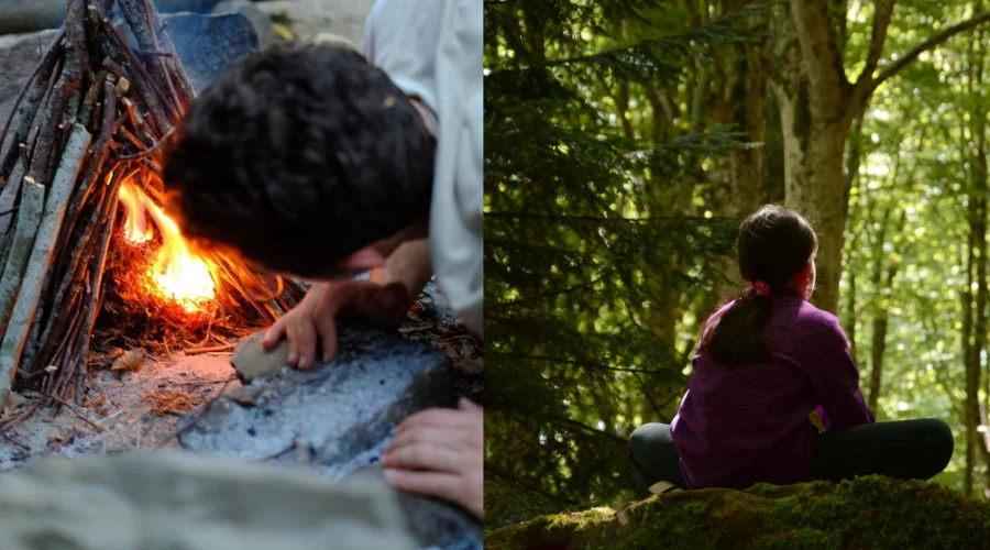 Accensione del fuoco e meditazione in natura durante il percorso di sopravvivenza indigeno primitiva e crescita personale in Toscana