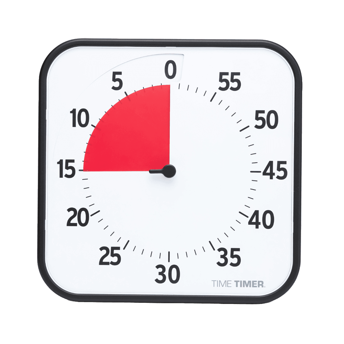 Time Timer physical timer, a black-framed square clock with a red segment showing about 15 minutes remaining.