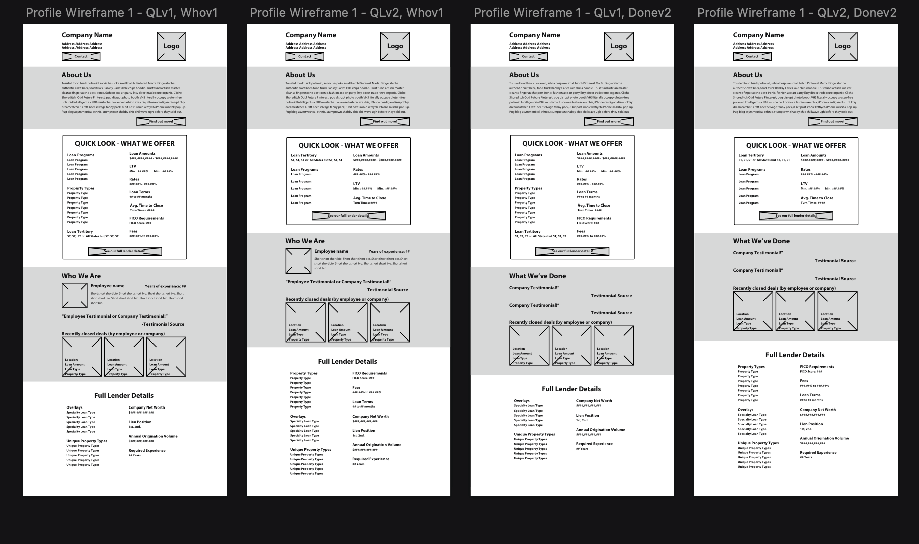 Low fidelity profile wireframes iterations based on research