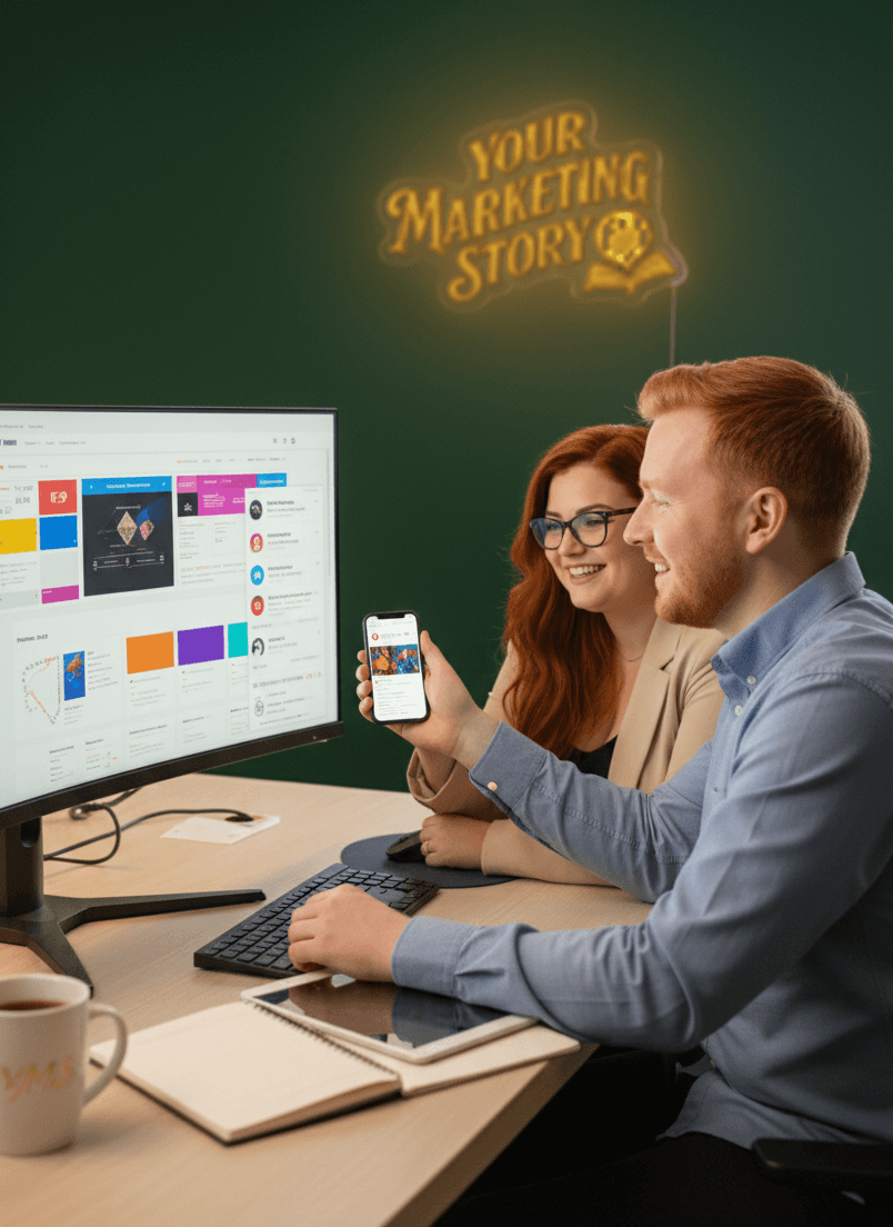 Expert social media managers analyzing Instagram and TikTok growth trends for a client at Your Marketing Story agency, Ireland.