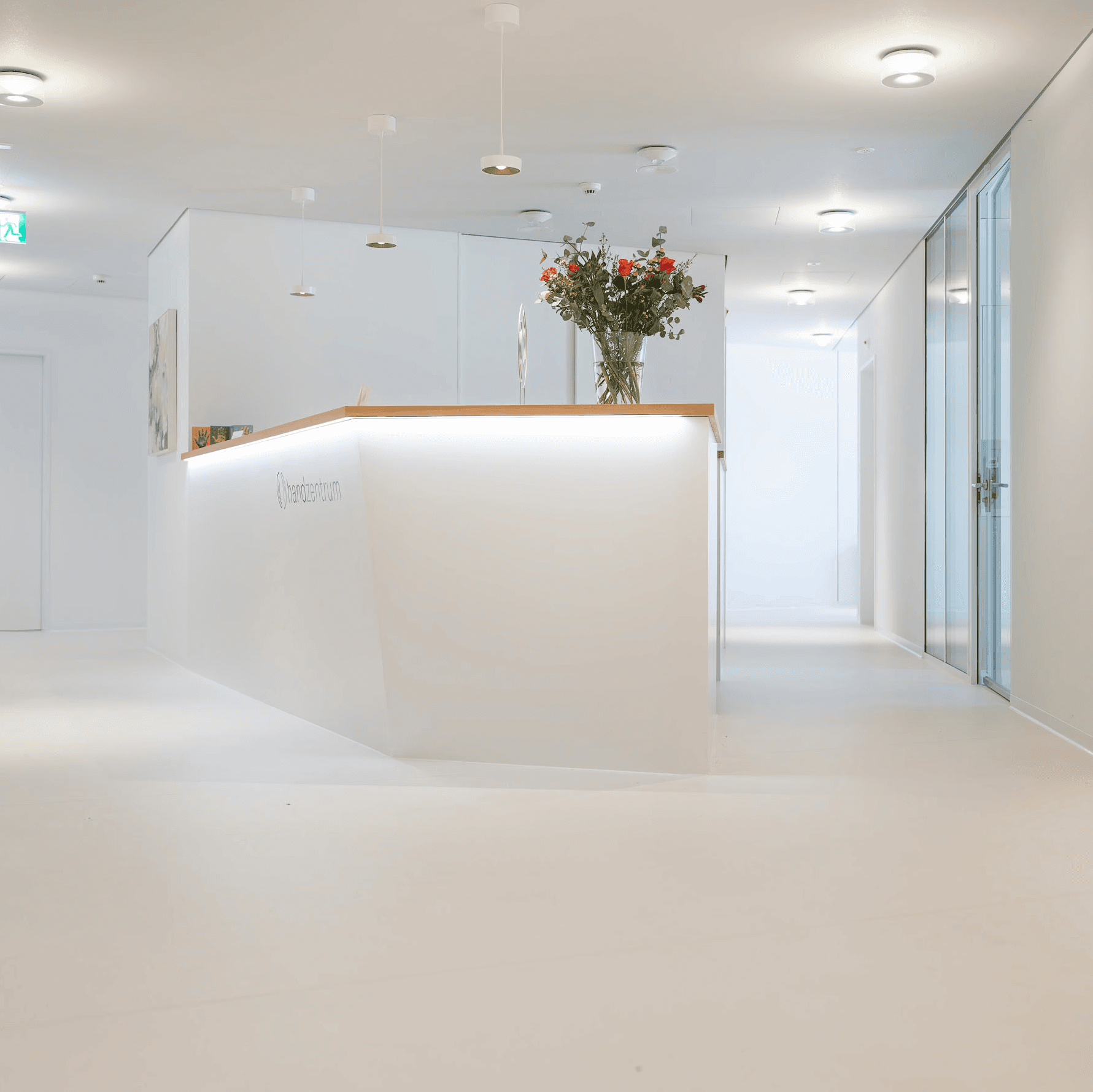 Ein moderner, minimalistischer medizinischer Empfangsbereich mit einer weissen Theke mit der Aufschrift Handzentrum Pratteln, einer Vase mit Blumen, heller Beleuchtung und makellos weissen Wänden