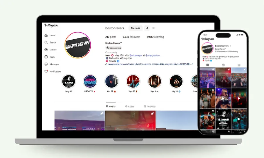 Boston Ravers Instagram profile displayed on a laptop and smartphone