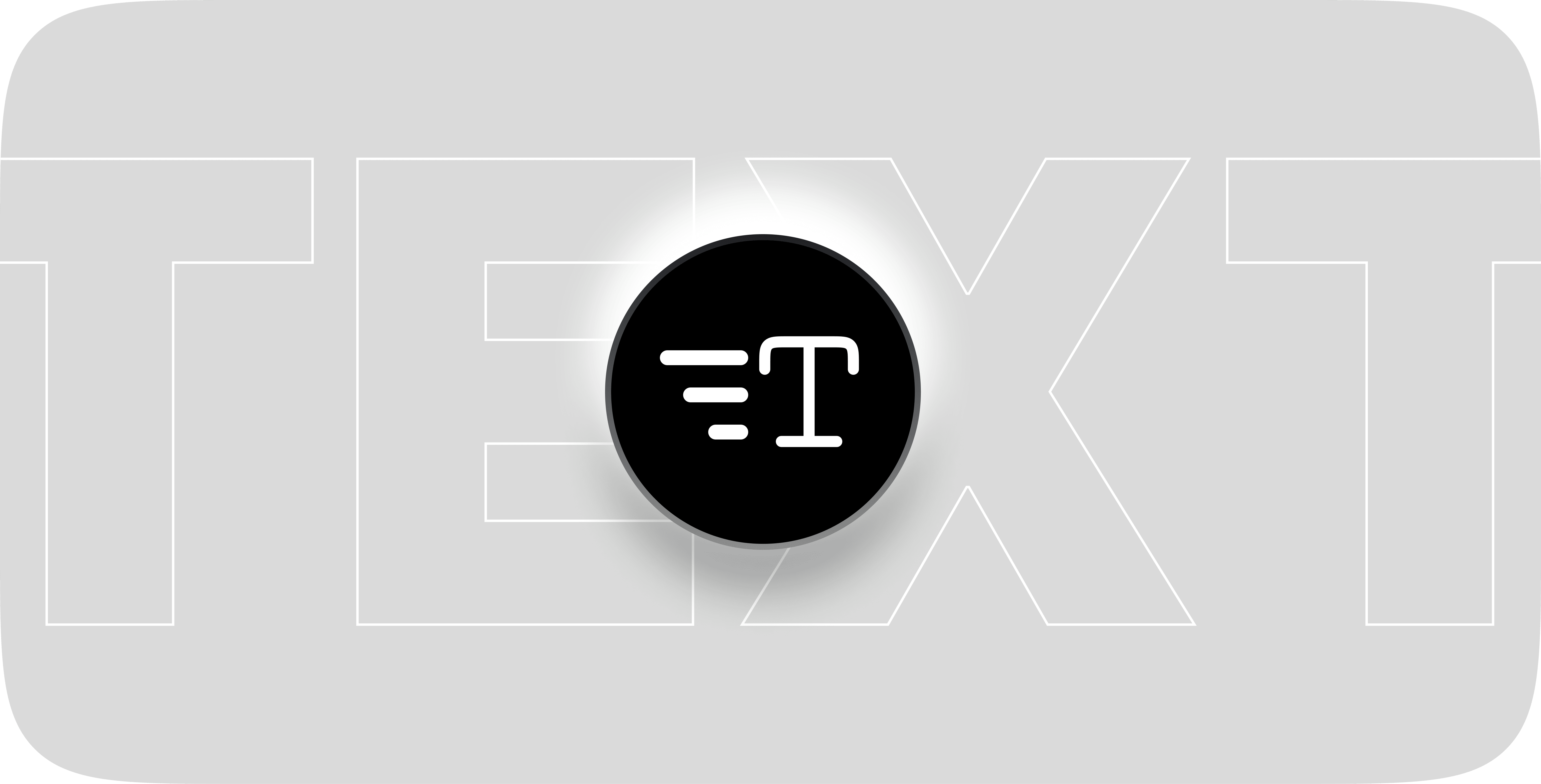 A black circular icon with a stylized white "T" in the center, set against a light gray background with the large, semi-transparent word "TEXT" in the backdrop, illustrating text design concepts.