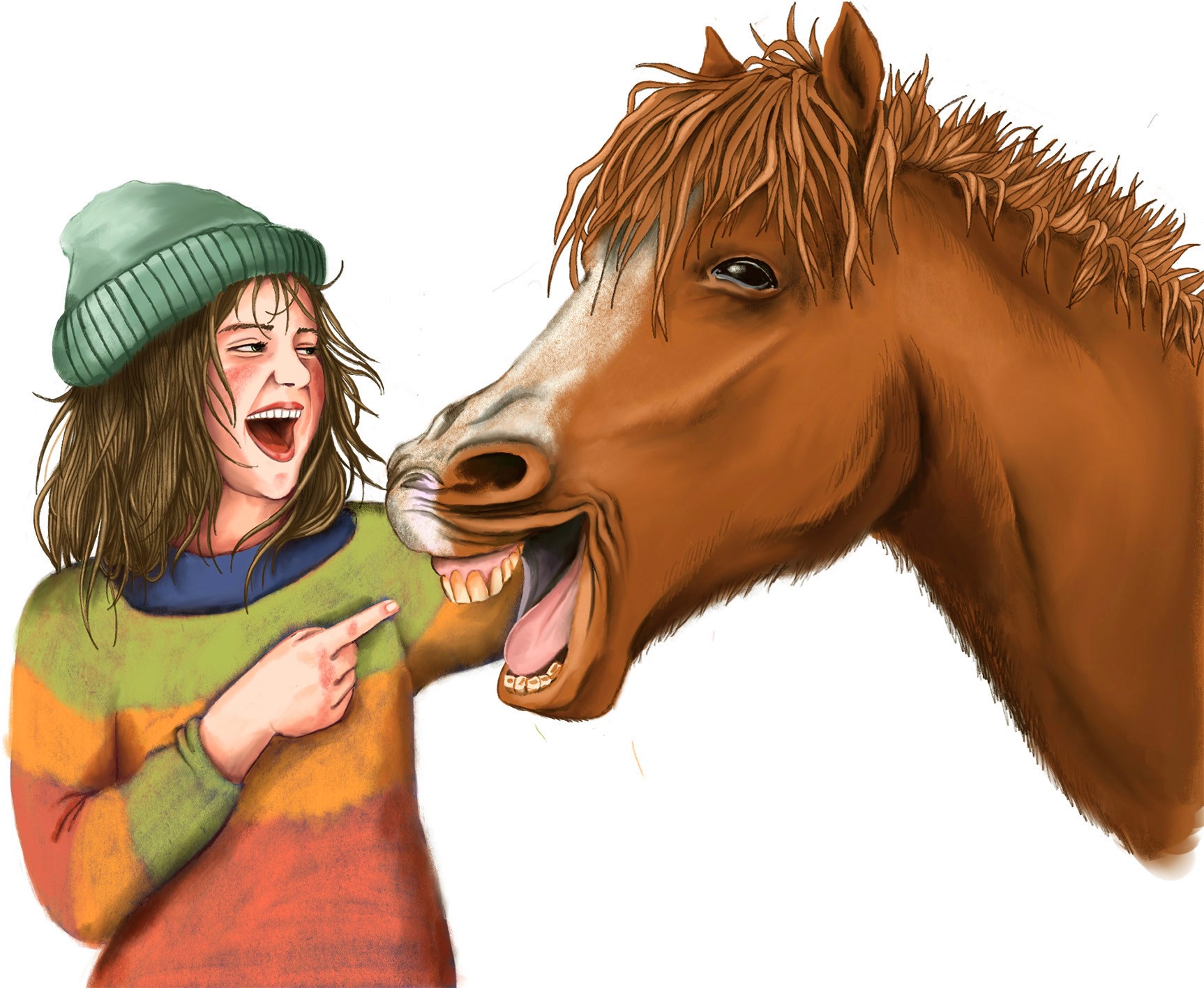 Ein lachendes Mädchen mit einem braunen Pony.