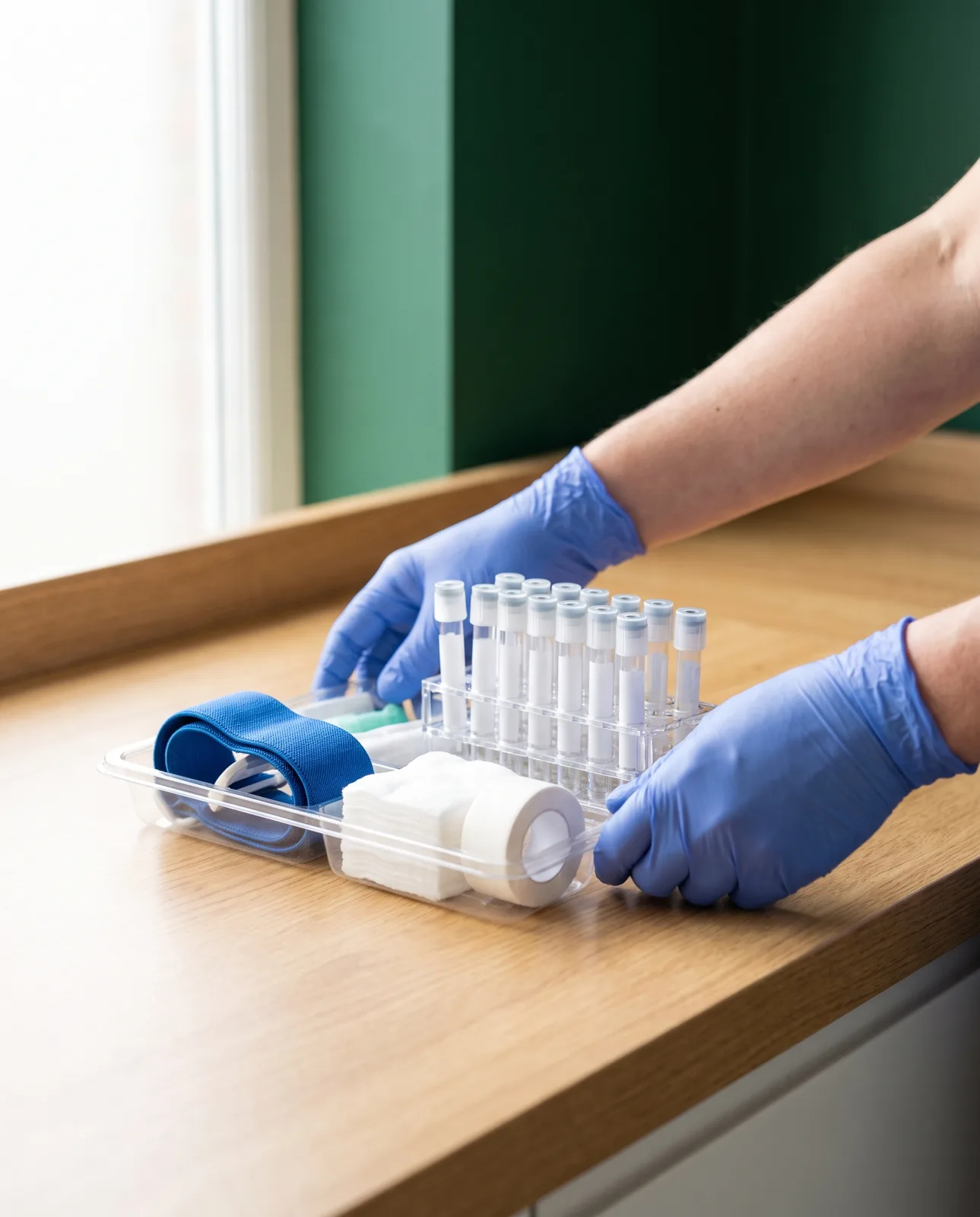 Gloved hands preparing a tourniquet, sample tubes and swabs for a blood test in the Burntwood Clinic consultation room