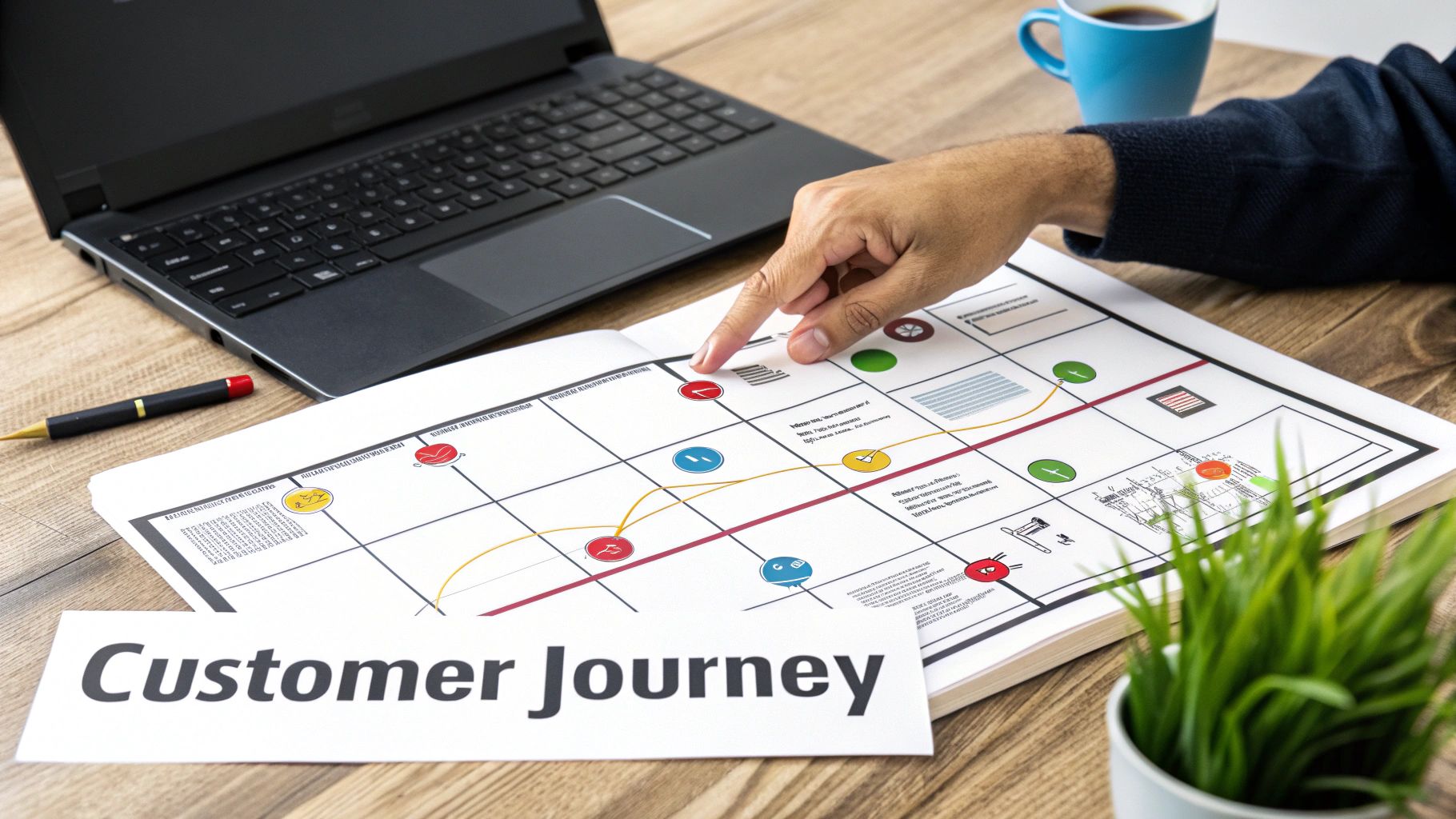 A person's hand points at a customer journey map on a desk with a laptop and coffee.