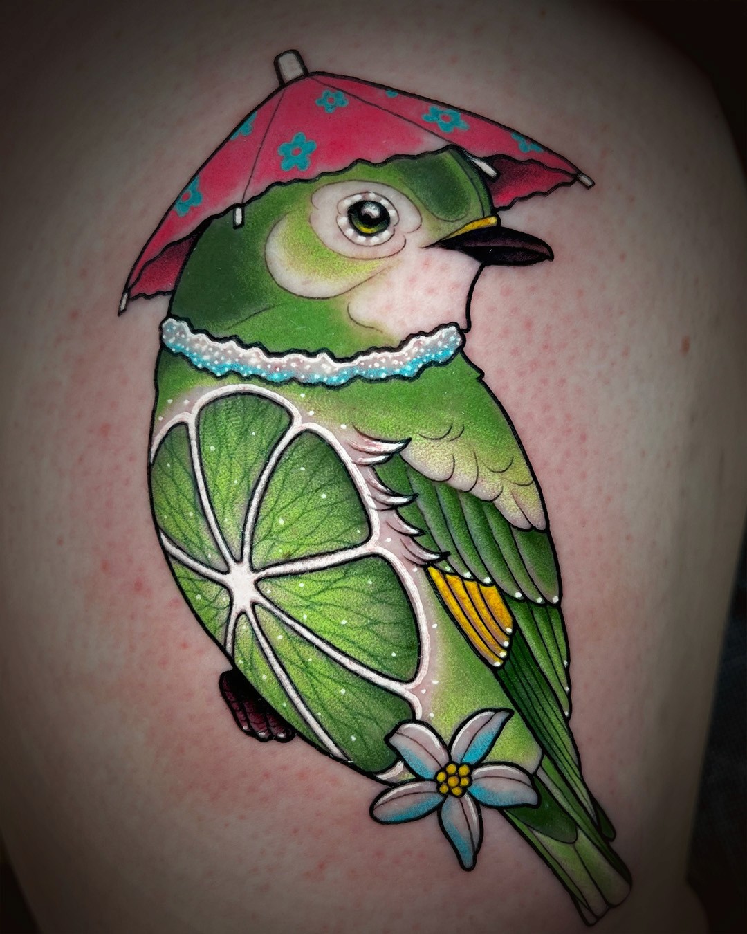 full color tattoo of a bird that is a lime by Courtney Hughes
