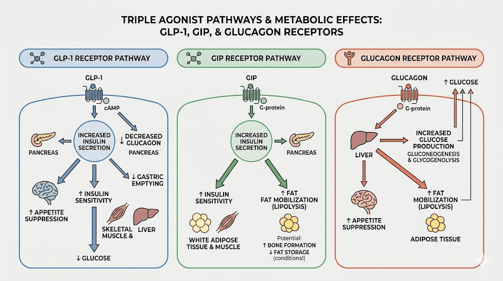 Retatrutide triple receptor mechanism diagram for bodybuilding fat loss
