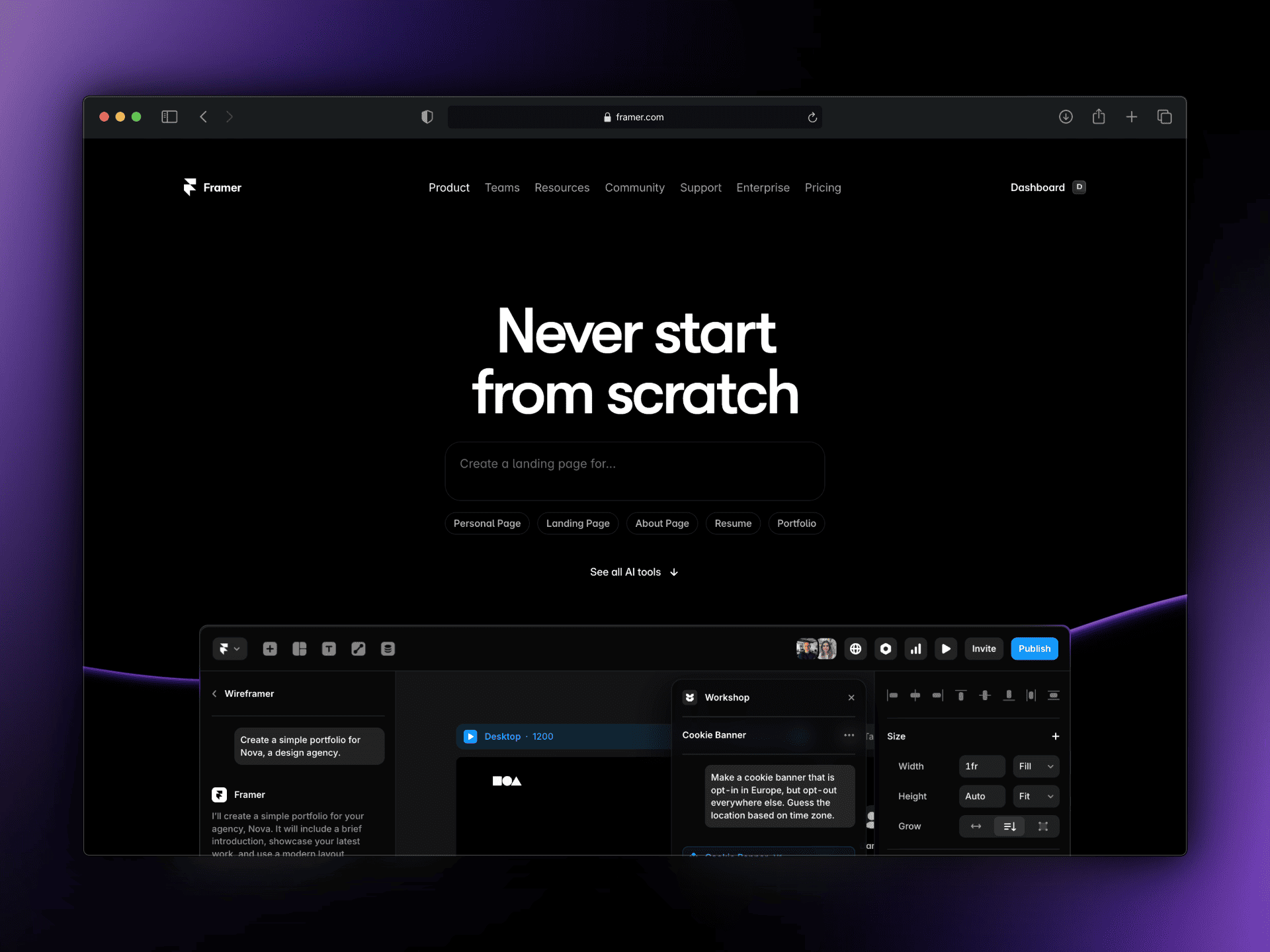 Framer website builder screenshot showing the AI wireframer tool used to generate website layouts for small businesses and startups.
