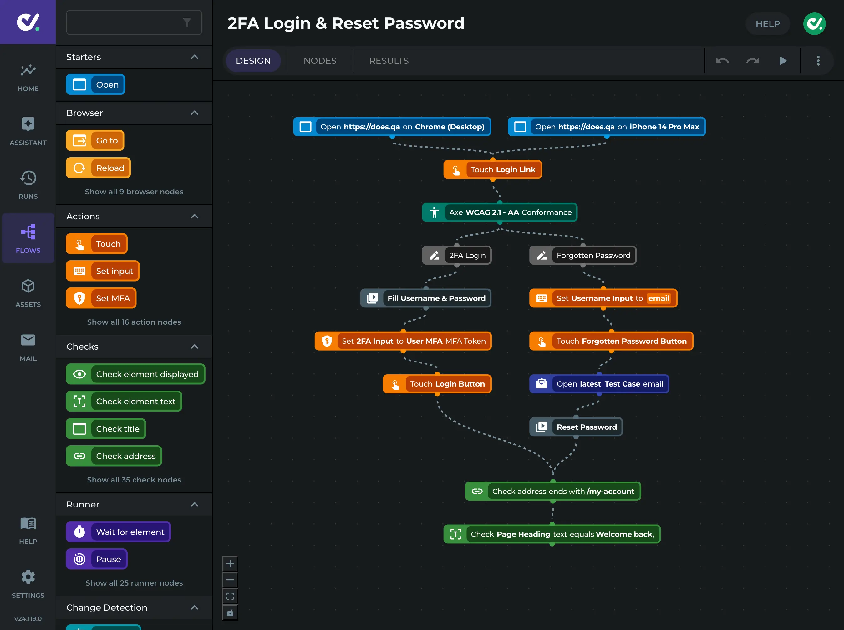 Visual flow builder showing an end-to-end test with branching login and password reset paths, including MFA, email verification, and automated checks
