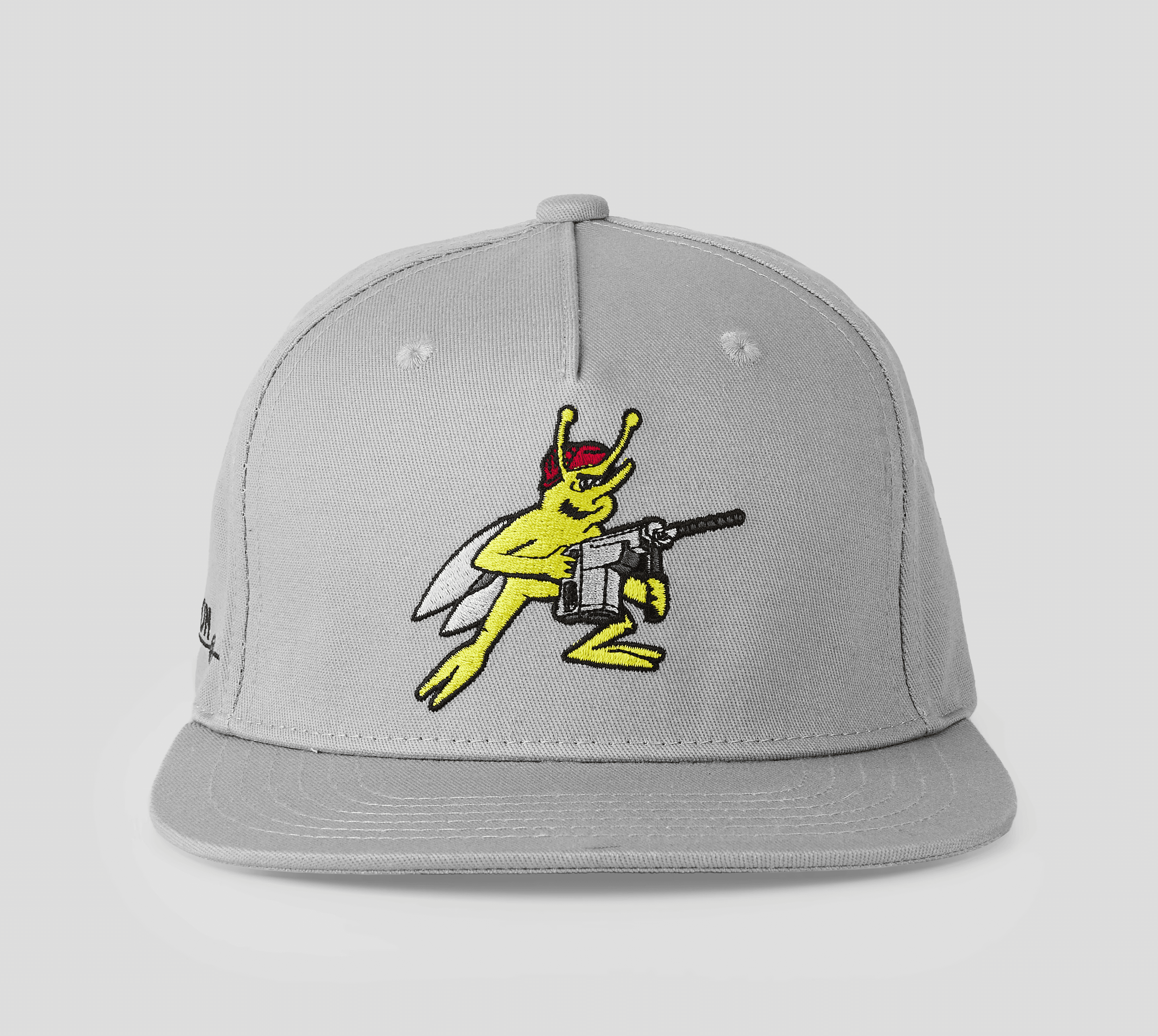 A gray snapback cap featuring a cartoonish yellow fly with red sneakers and a red cap, holding a gun in its lower hands, set against a plain white background.