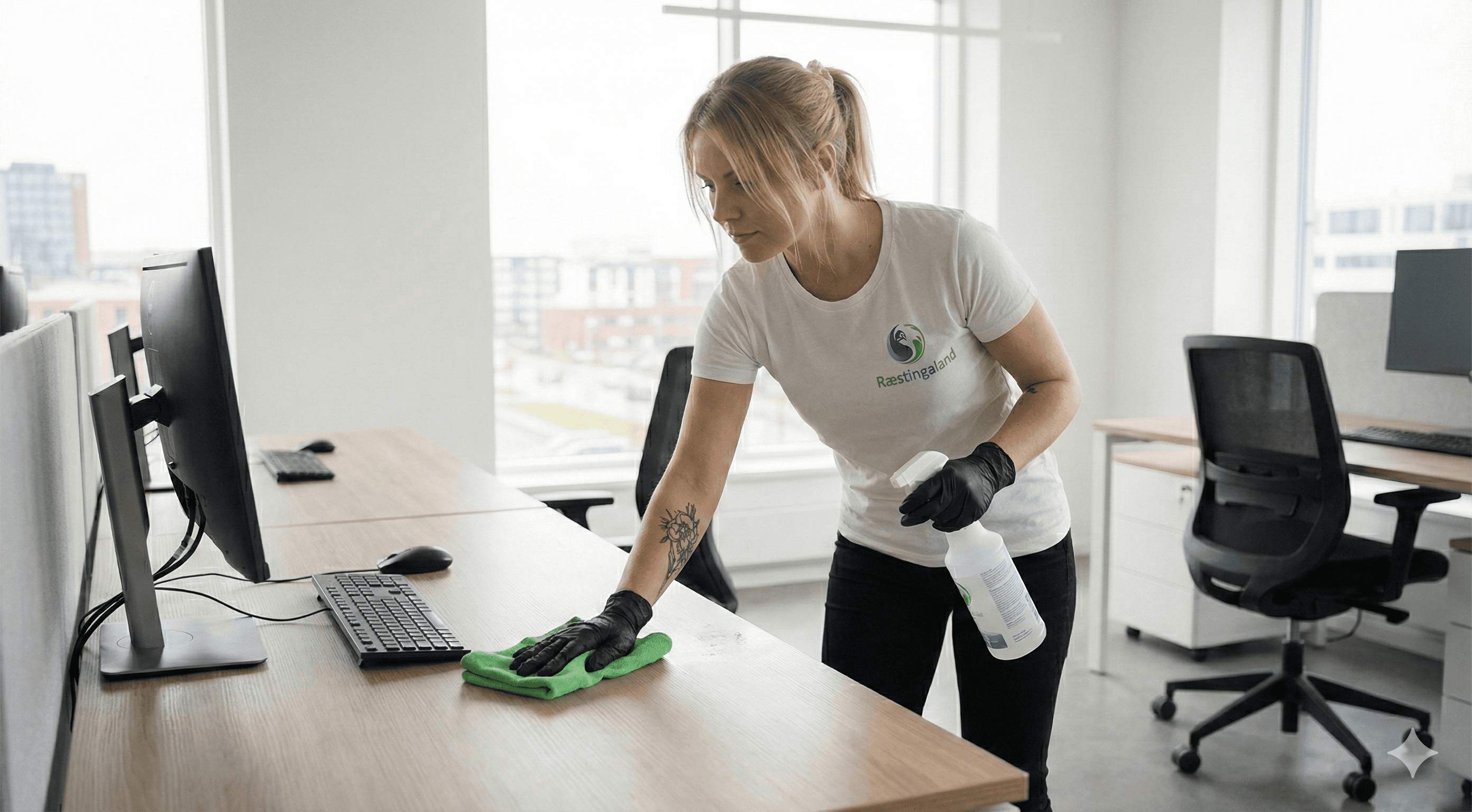 Starfsmaður Ræstingaland að þurrka af skrifborði og vinnusvæði á skrifstofu.