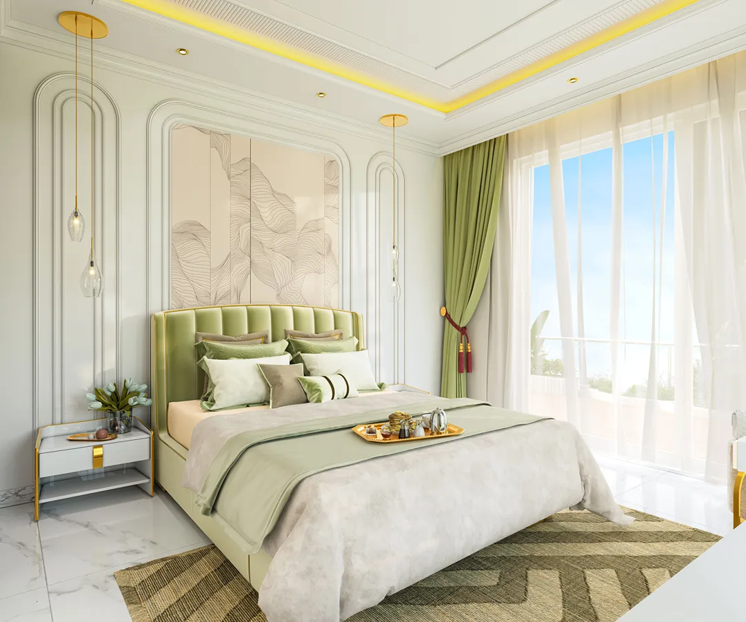 A cozy bedroom in a Vincitore Aqua Flora apartment, designed for ultimate relaxation.