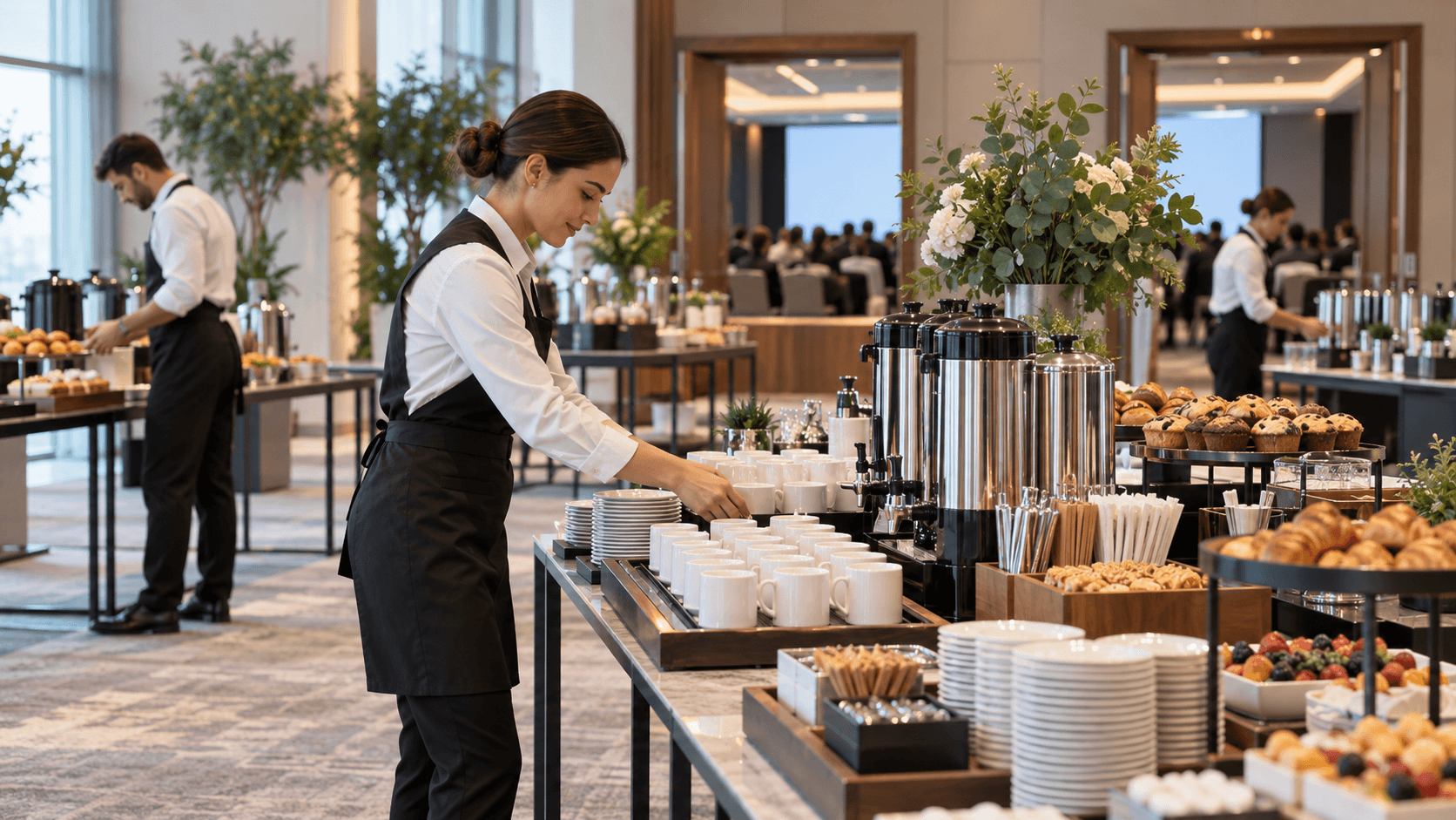 Equipe organiza xícaras e alimentos em estações de coffee break próximas às salas de um congresso.