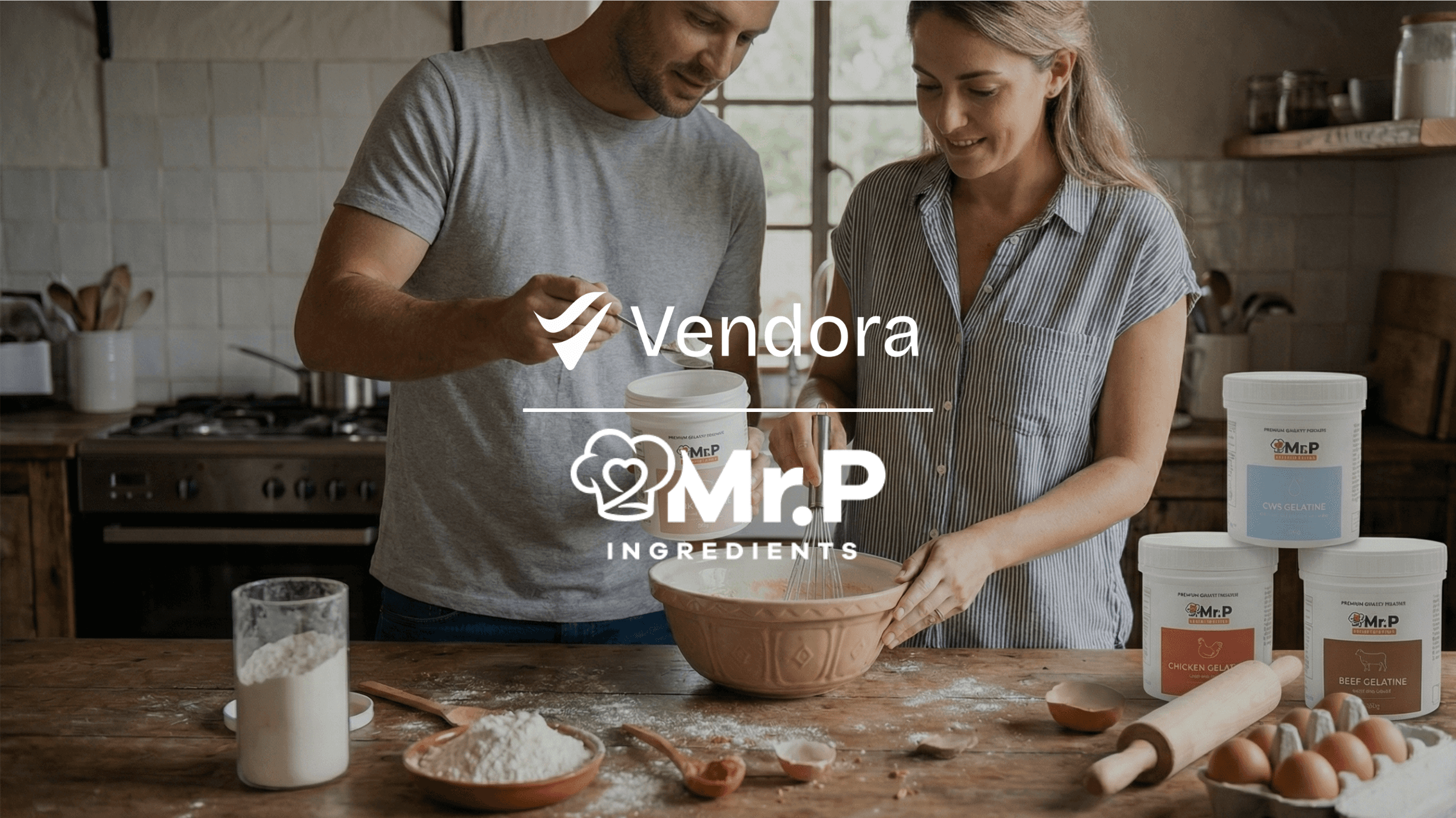 Vendora x Mr.pIngredients image showing 2 guys using gelatine powder in the kitchen