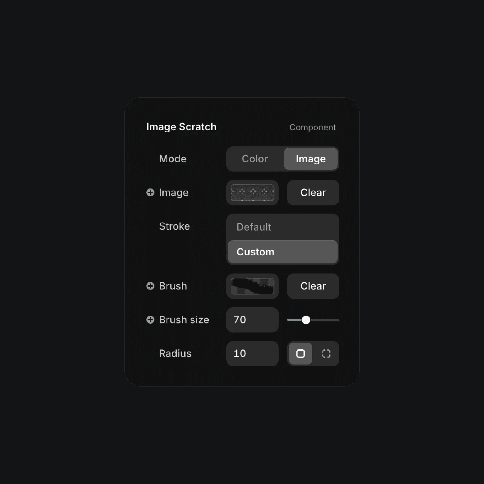 Framer Image Scratch settings panel with sliders and toggles