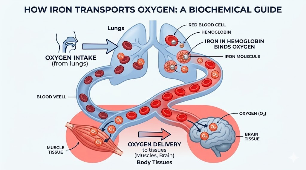 A scientific infographic titled "HOW IRON TRANSPORTS OXYGEN: A BIOCHEMICAL GUIDE" showing how iron molecules within hemoglobin in red blood cells bind to oxygen in the lungs and deliver it to muscle and brain tissues. The image includes labels for lungs, brain tissue, muscle tissue, oxygen intake, oxygen delivery, red blood cell, hemoglobin, and iron molecule.