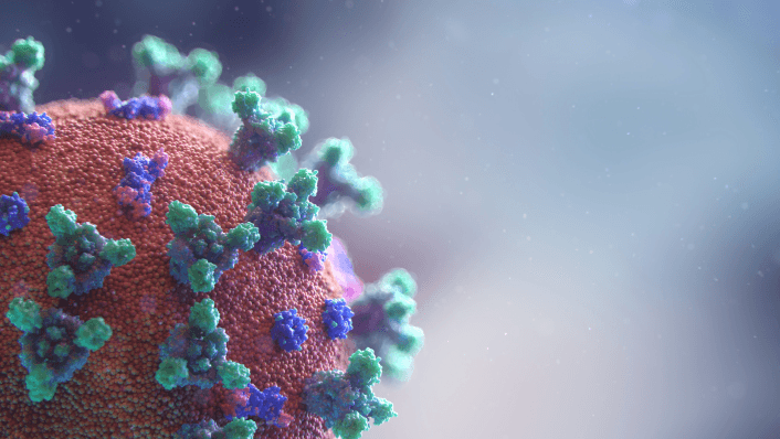 Close-up illustration of a virus particle.
