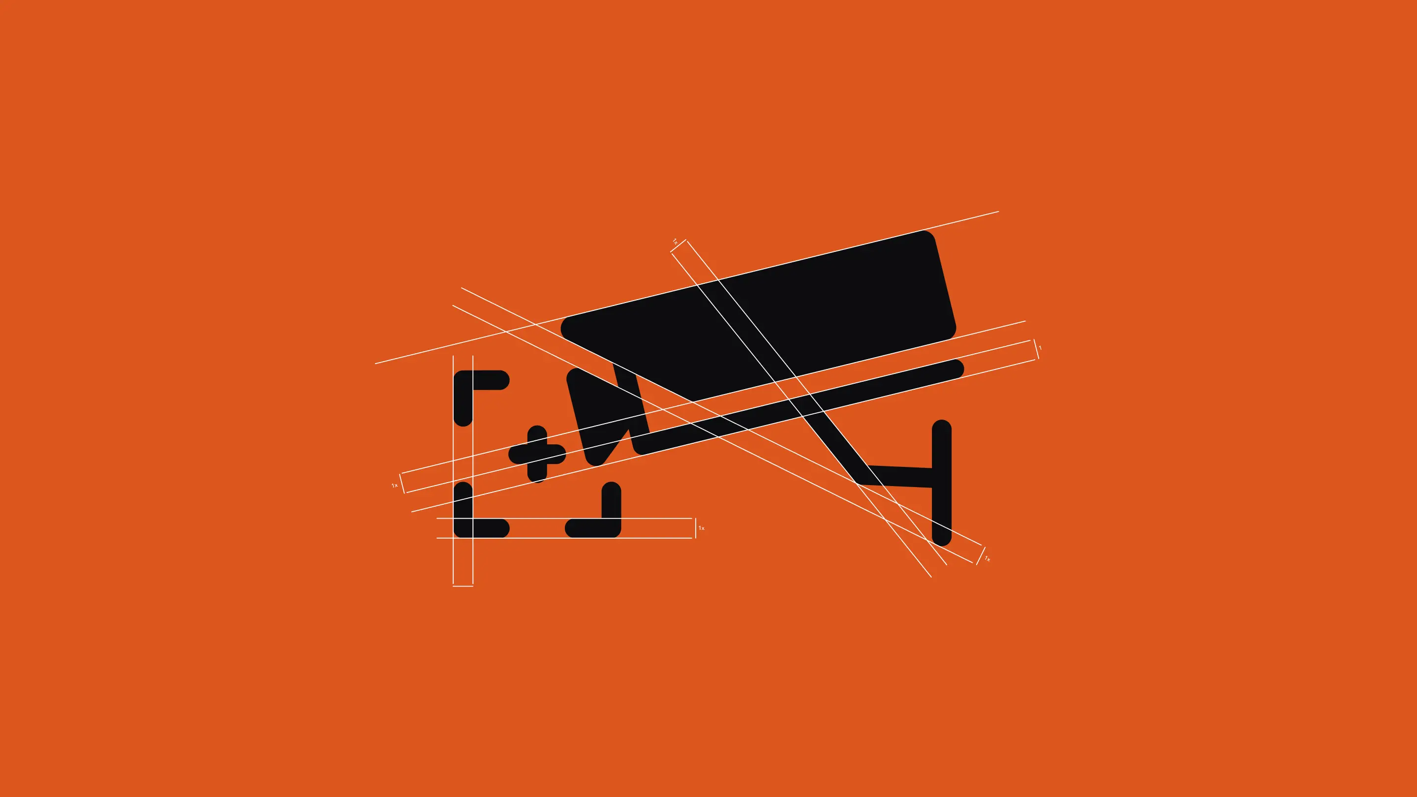 Black surveillance camera pictogram on an orange background, overlaid with thin geometric construction lines showing the symbol’s design process.