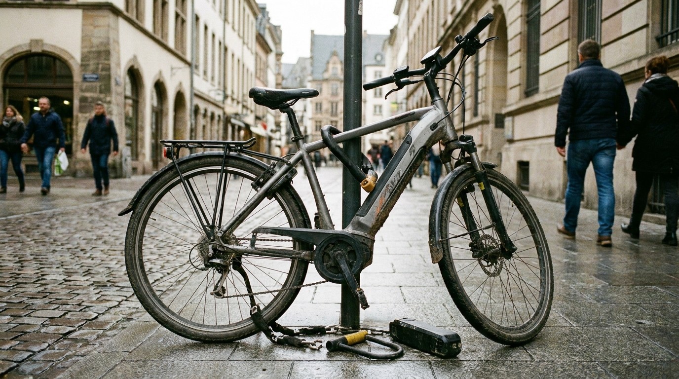 Gebrauchtes E-Bike mit Schloss an Laternenpfahl in der Stadt