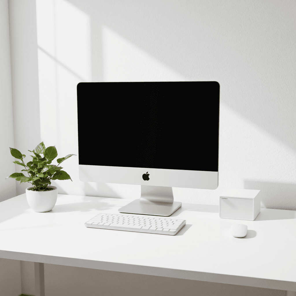 product photography of computer monitor with keyboard and mouse