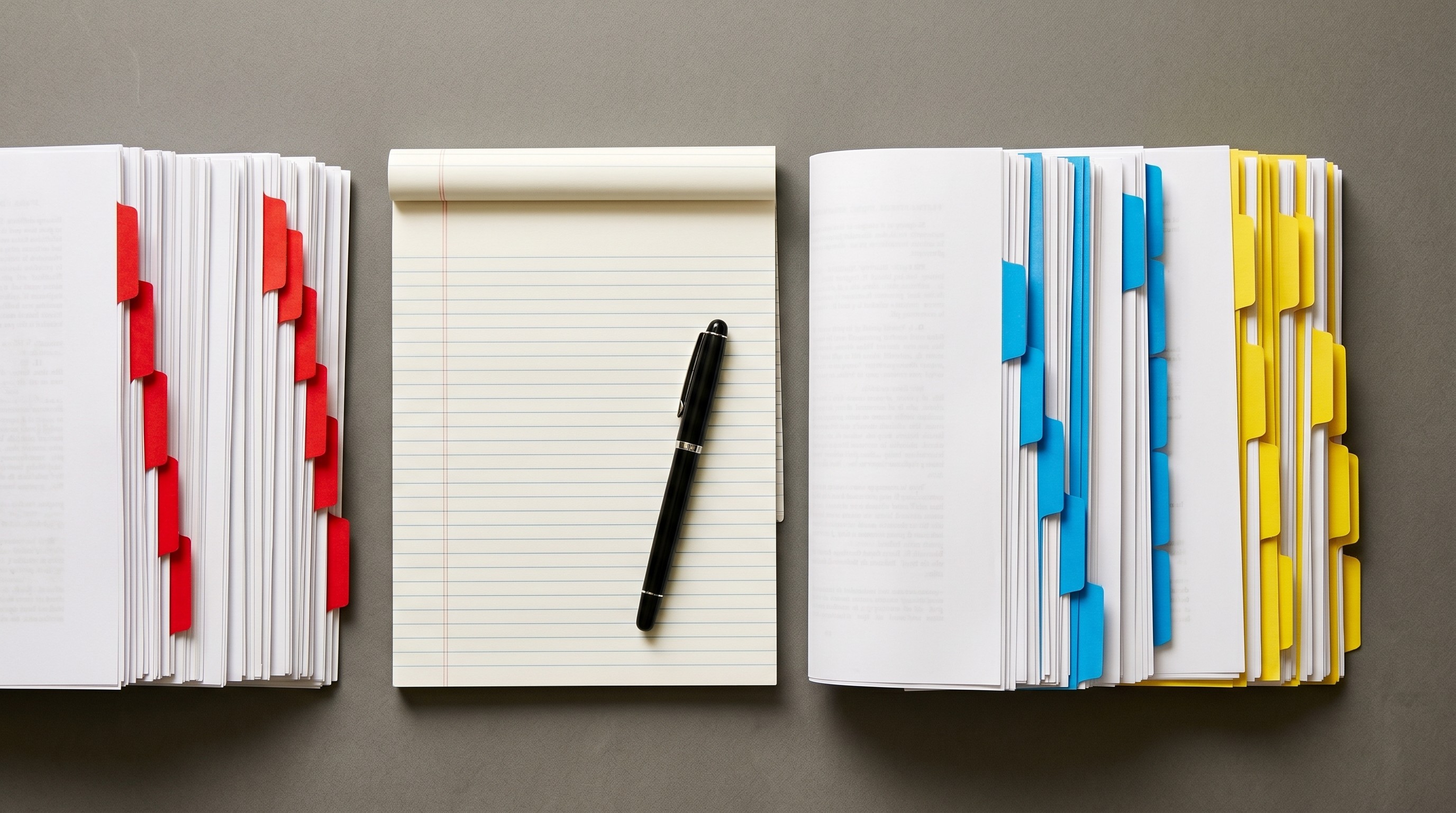 Three stacks of printed court opinions with colored tabs