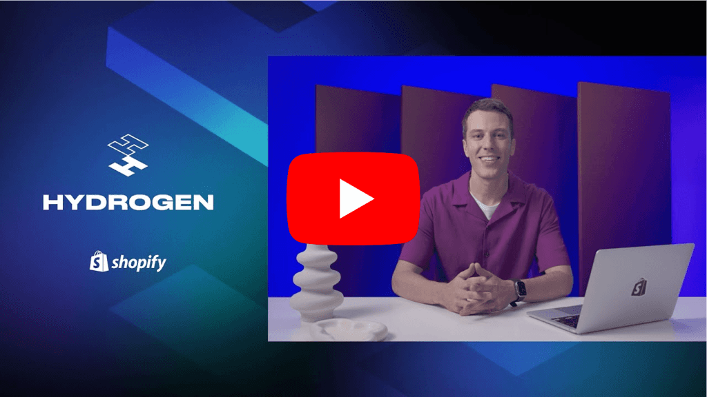 Video-Thumbnail zu Shopify Hydrogen mit Hydrogen- und Shopify-Logo und einem Sprecher am Laptop