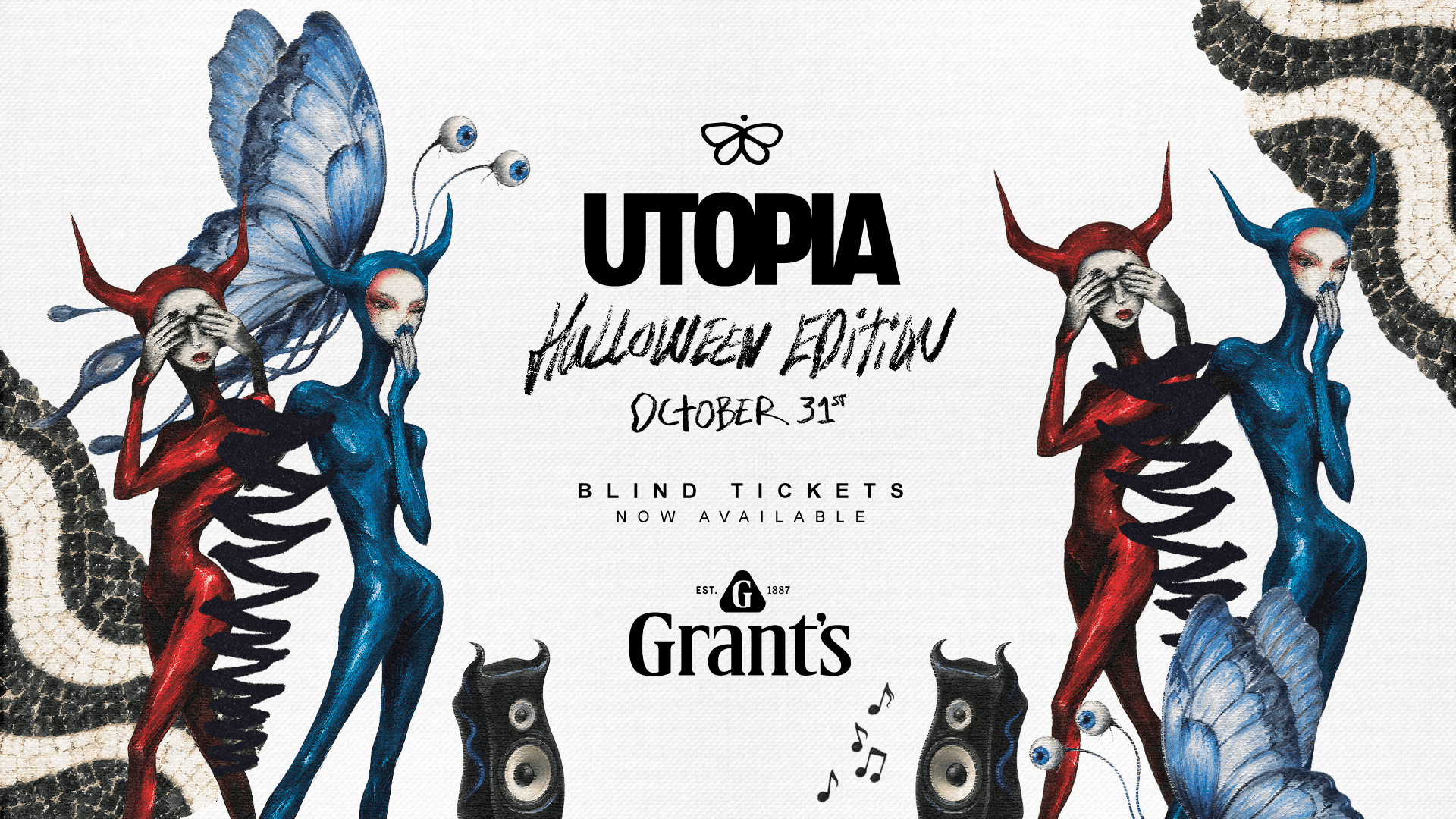 Utopia Halloween Edition poster for 31 October with red and blue horned figures