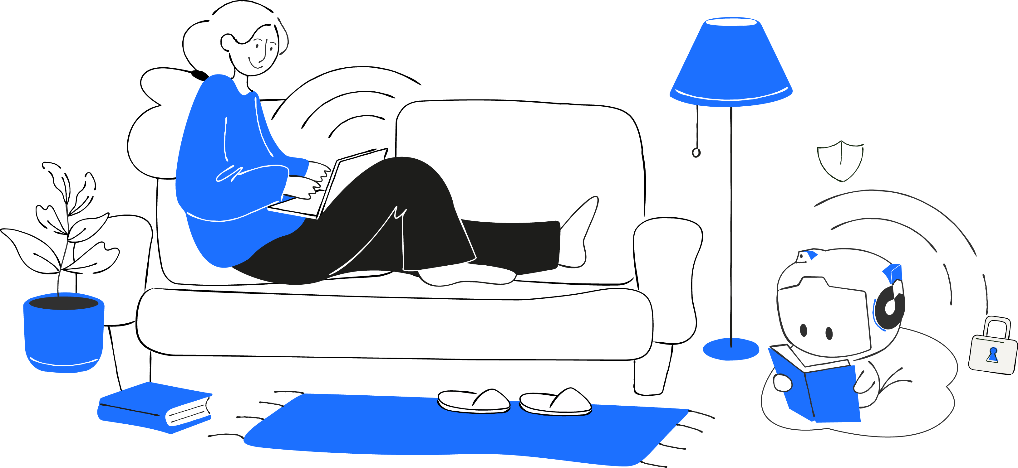 Ilustração de uma pessoa relaxada no sofá usando o notebook enquanto o mascote da DevolveAI monitora sua segurança digital, transmitindo tranquilidade e proteção no ambiente online.