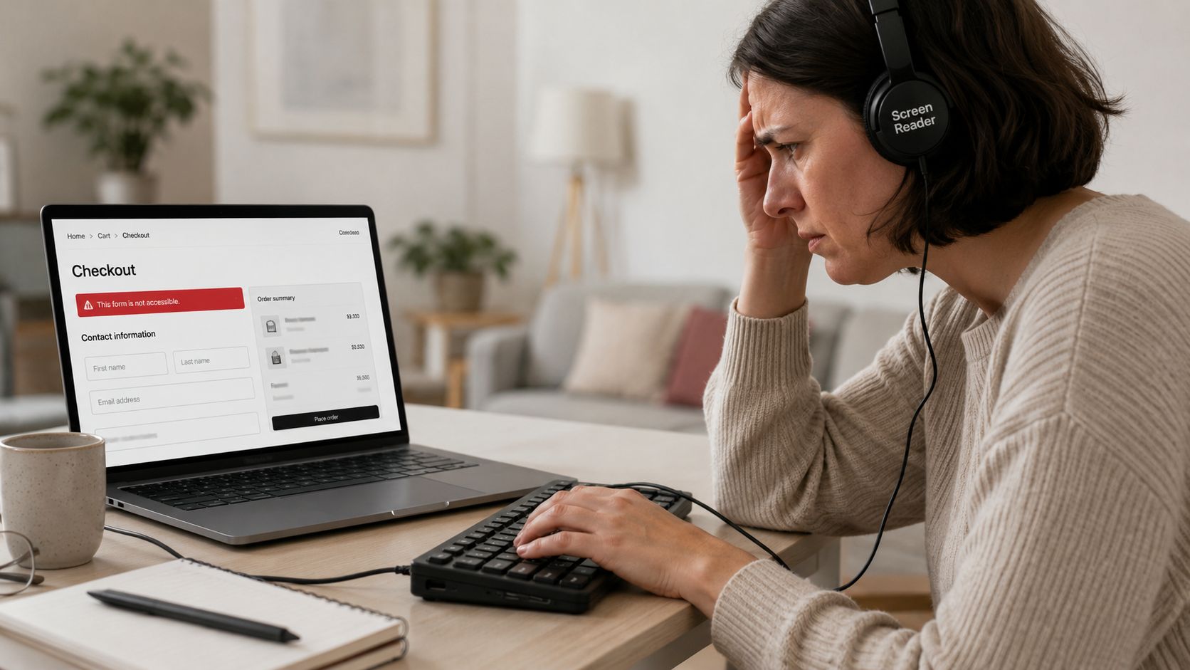 A woman using a screen reader struggles to use an inaccessible checkout form on her laptop.
