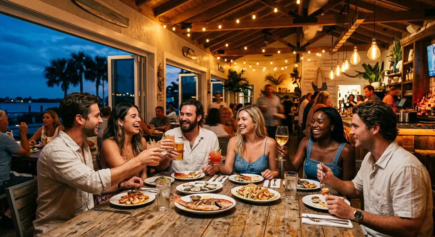 inside of restauraunt  bar at night bradenton. friends around a table toasting and smiling.