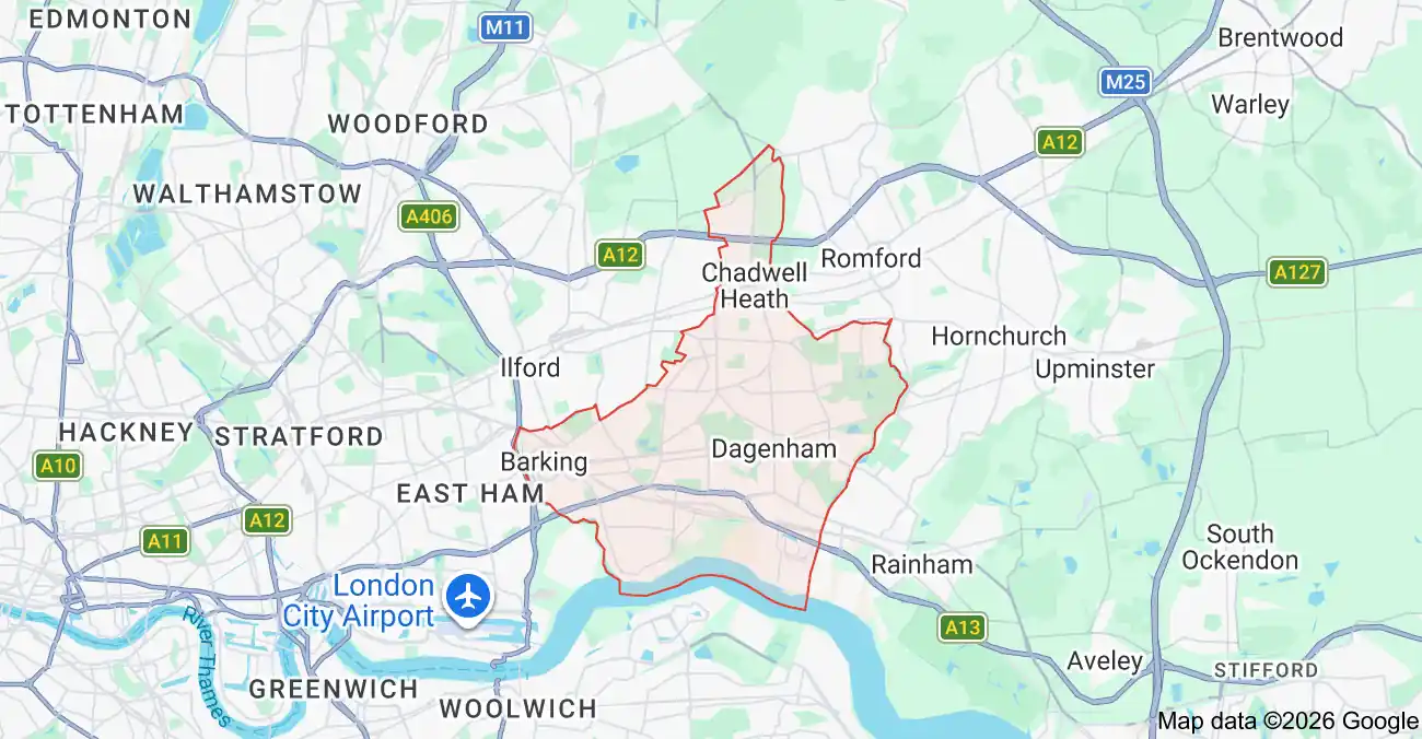 Map of Barking and Dagenham showing the borough boundary, main road links and surrounding areas