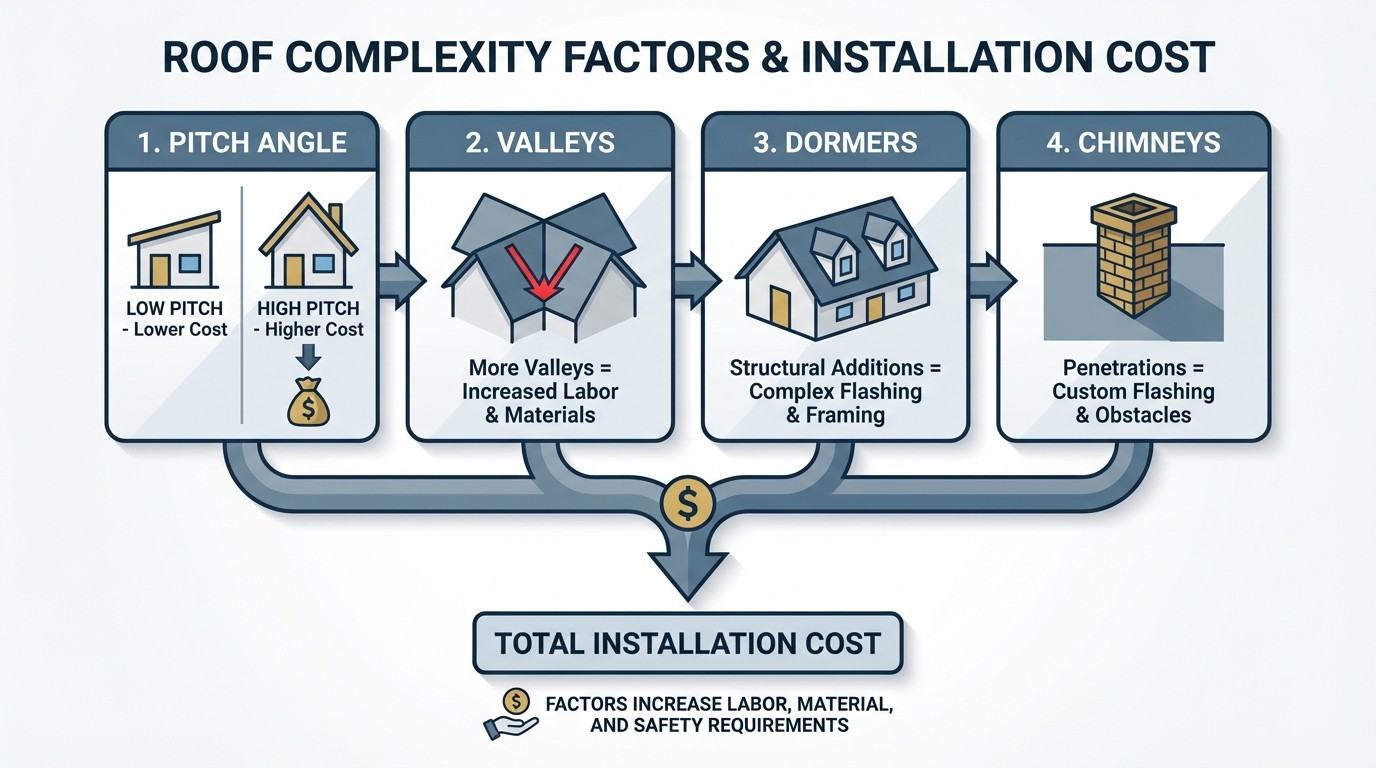 Factors affecting metal roof installation cost including pitch and complexity