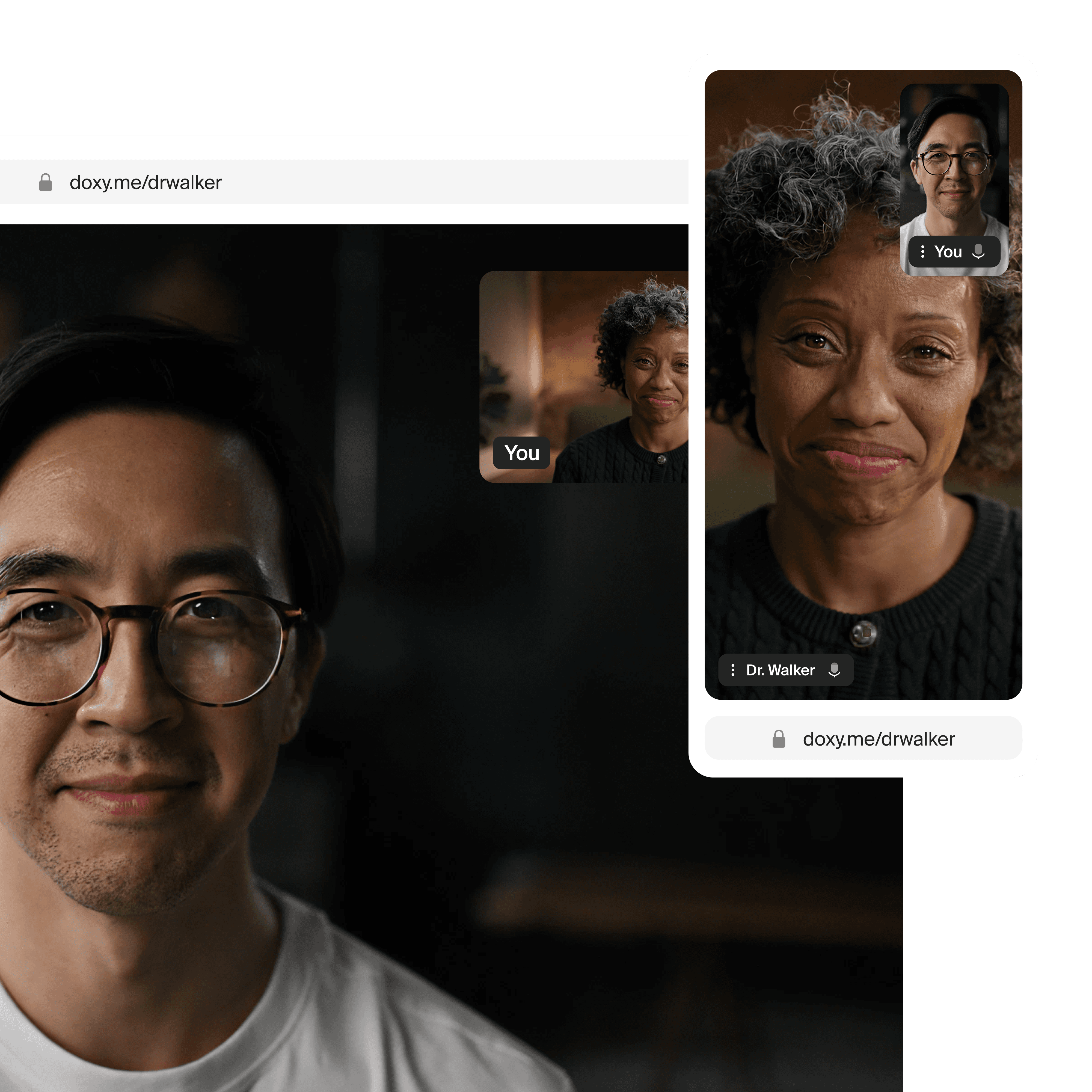 A product screenshot of the doxy.me in-call experience