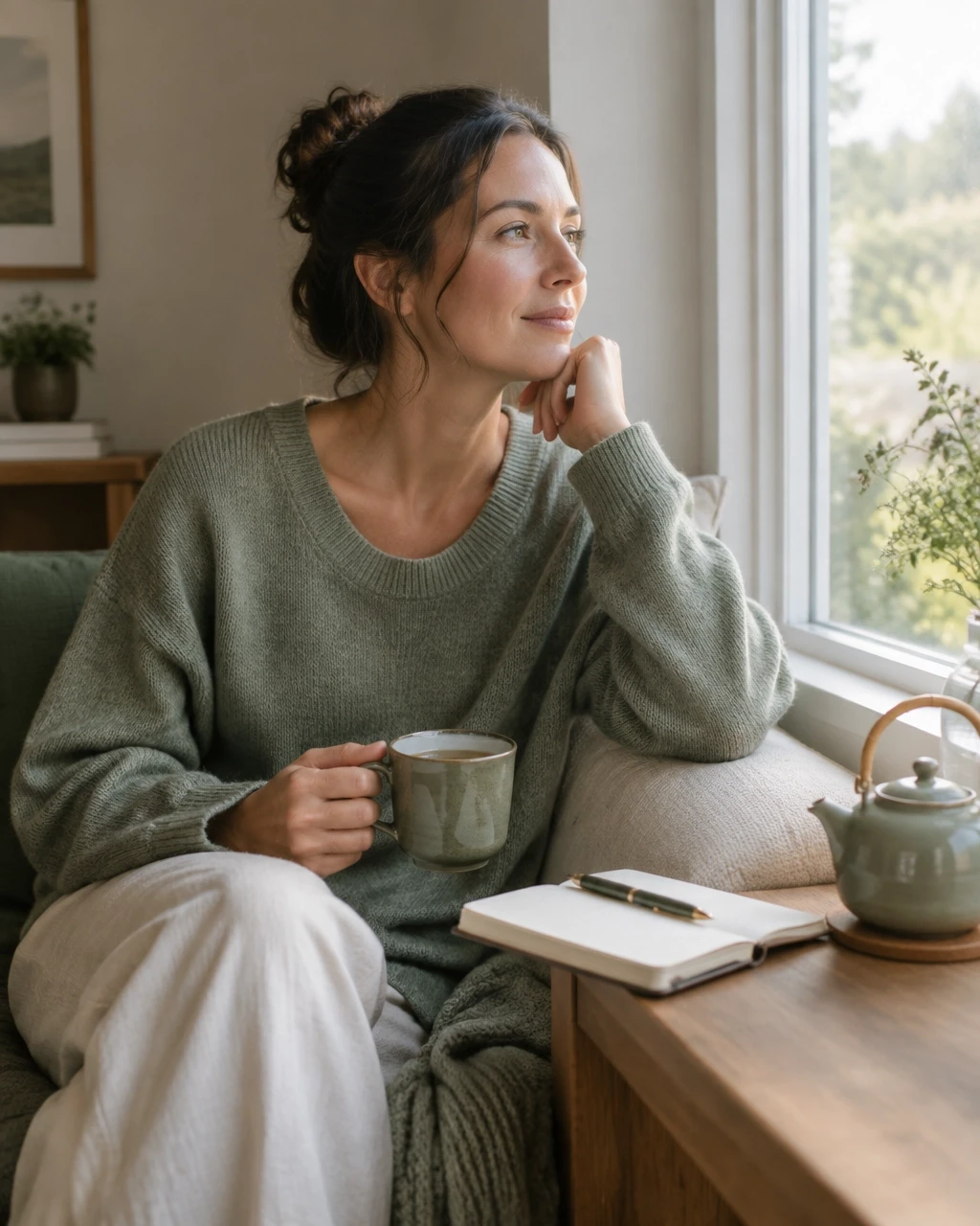 A woman sitting by a window with a notebook and tea during a restorative pause