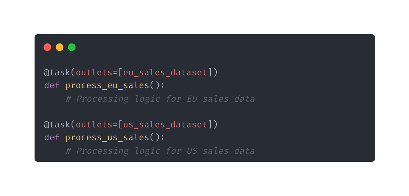 Python code snippet defining two tasks in Airflow. The process_eu_sales task processes EU sales data, while the process_us_sales task processes US sales data. Each task is linked to its respective dataset through the @task decorator and outlets parameter.