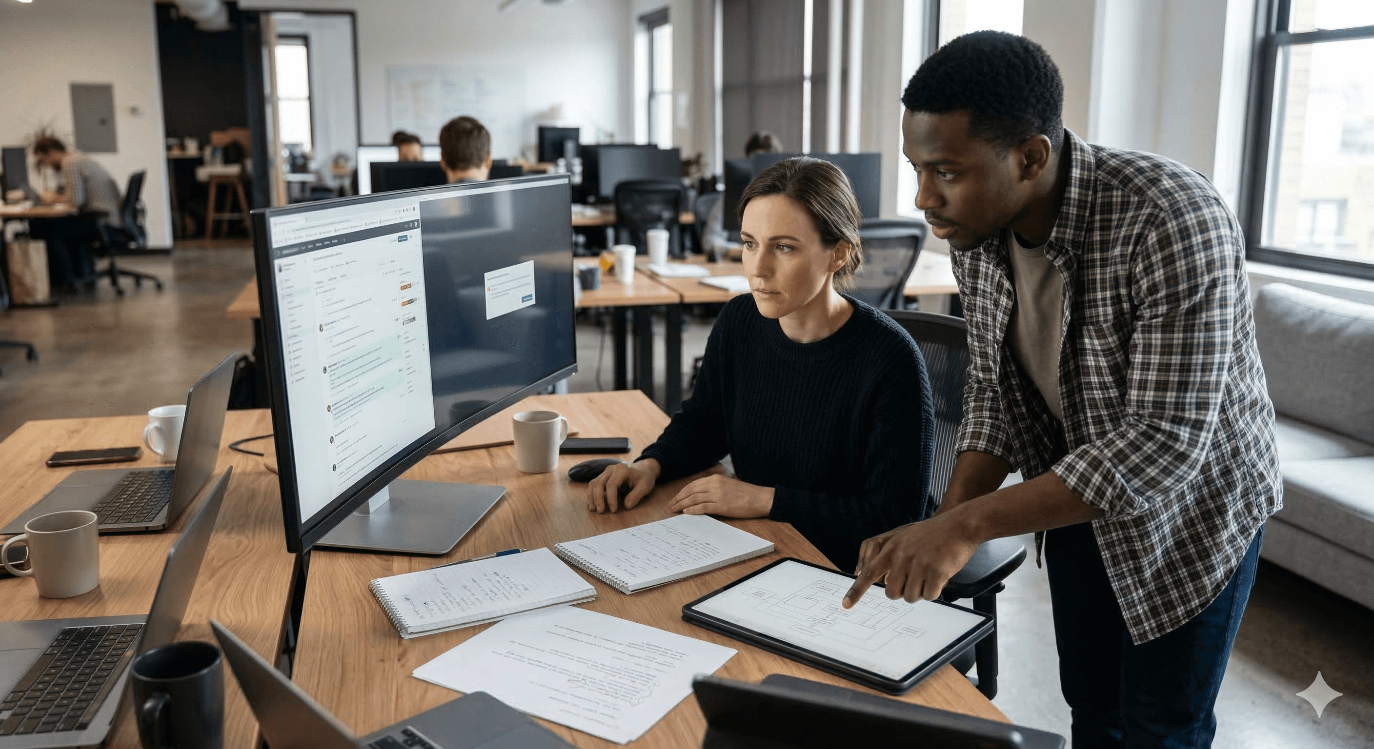 An attentive team collaborates in a modern office environment, focusing on computer screens displaying code and cybersecurity data, reflecting a commitment to AI vulnerability detection and the enhancement of security protocols.