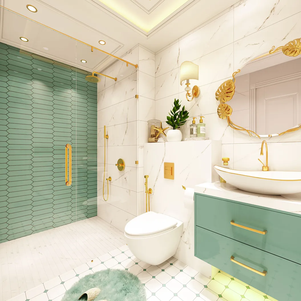 The well-appointed bathroom in a Vincitore Aqua Flora apartment, with high-end fixtures.