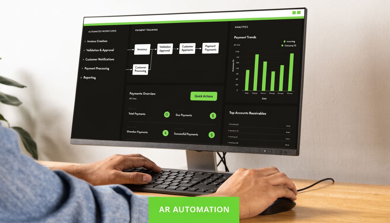 A professional analyzing financial data and payment tracking automation software on a computer screen in an office.