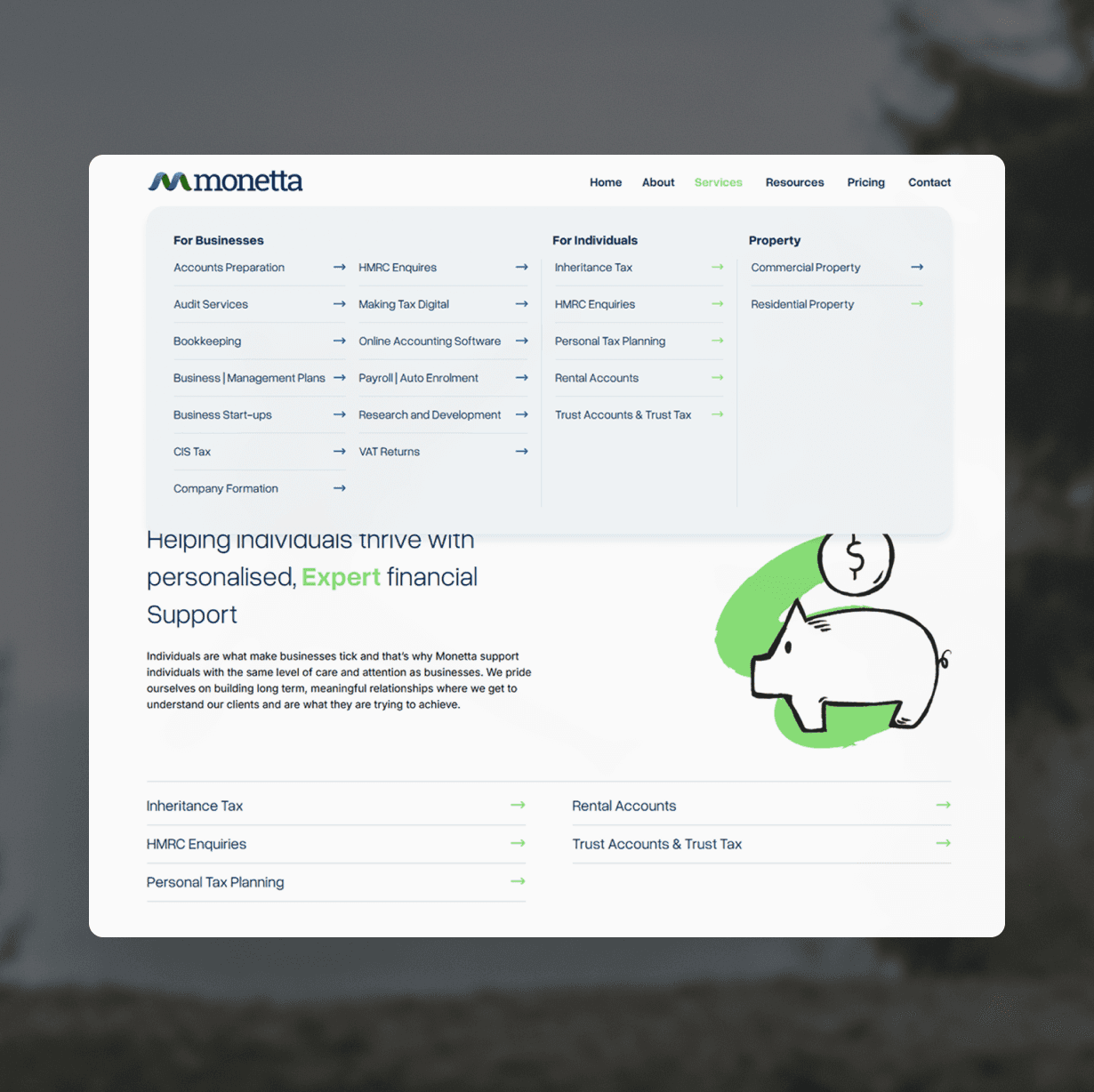 Screenshot of the Monetta website highlighting financial support services, with a piggy bank illustration.
